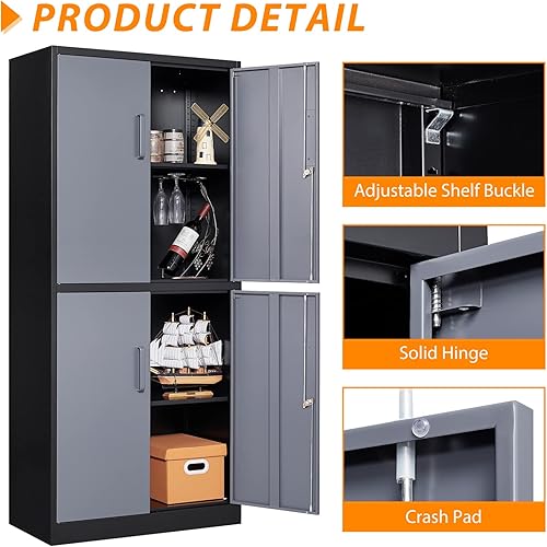 Miniatura 33 de Armario de almacenamiento de metal con ruedas, armario de almacenamiento con cerradura de 73 pulgadas con 2 estantes ajustables y 1 cajón para Negro