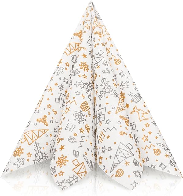 GRUBly Napkins Christmas Gold & Silver (Christmas Limited Edition) | Perfect Cloth-Like Winter Xmas serviettes for Your Christmas Party | AIRLAID Quality | Pack of 50 | 40 x 40 cm | 1/4 fold