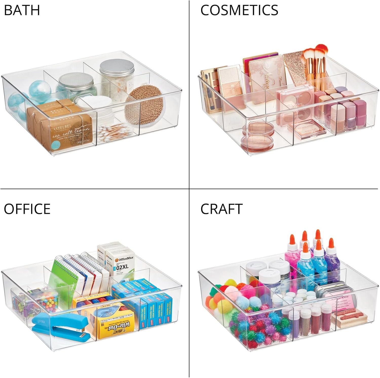mDesign Plastic 6 Compartment Dresser Drawer Divided Organizer Bin for Scarves, Socks, Bras, Hair Ties, Belts, Underwear - Closet Shelf Storage Organization, Lumiere Collection, Clear
