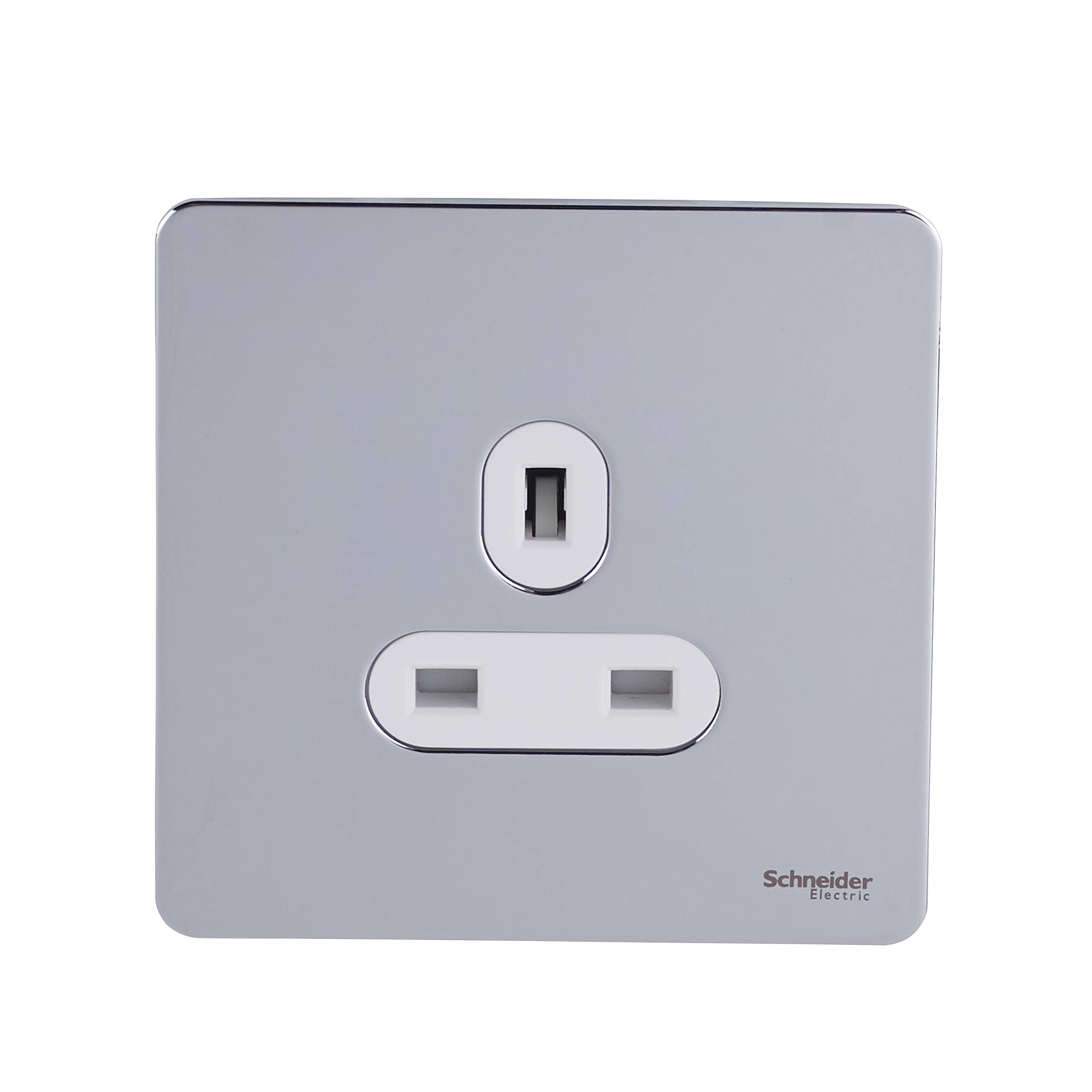 Schneider Electric - Ultimate screwless flat plate (USFP) Single unswitched socket 13A - Wiring Devices Removable front plate for ease and efficient decorating - Polished Chrome/White - GU3450WPC — image 1