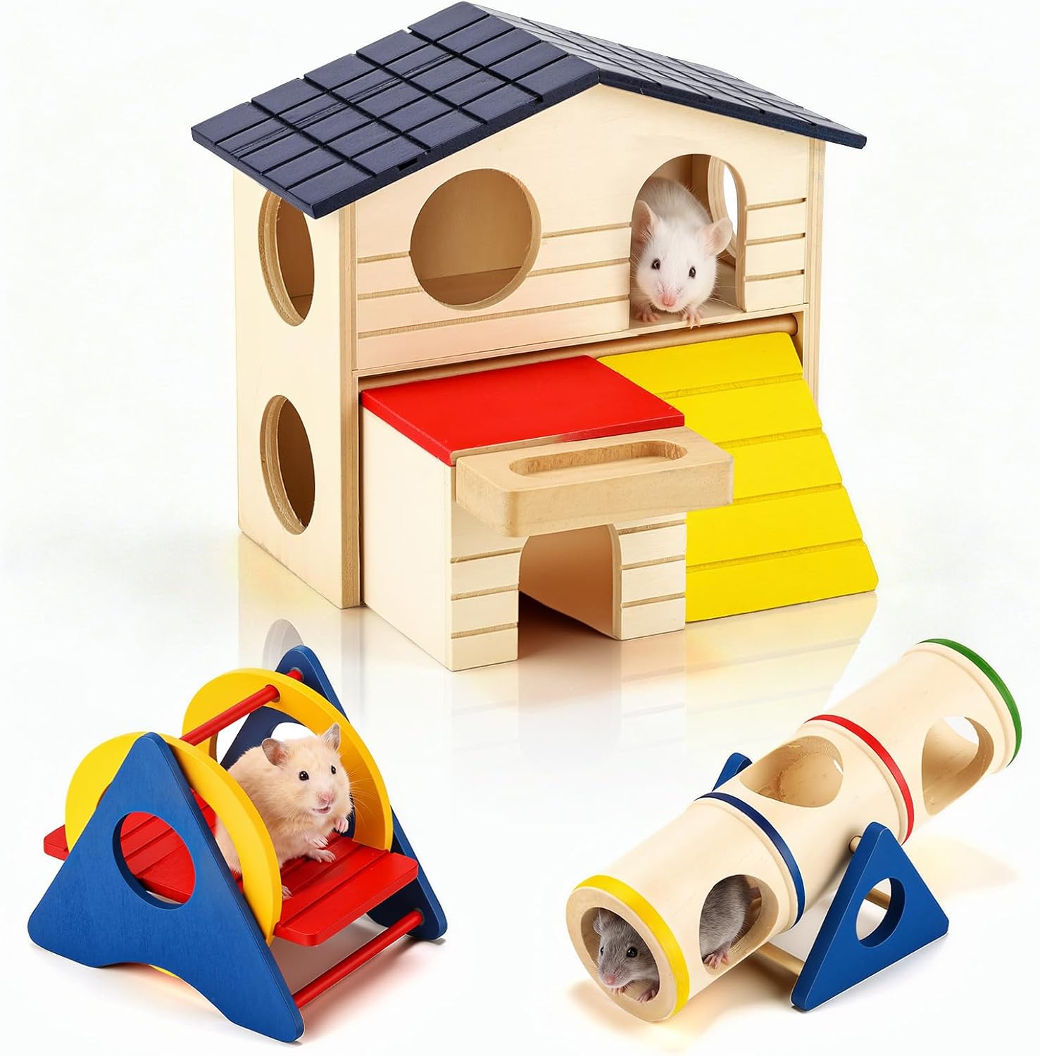 3 Pcs Wooden Small Hamster Hideout Play Set, Hamster House, Rainbow Seesaw Tunnel, Swing for Exercise Playhouse Gym Playground Guinea Pigs, Rats, Mice Other Small Animals