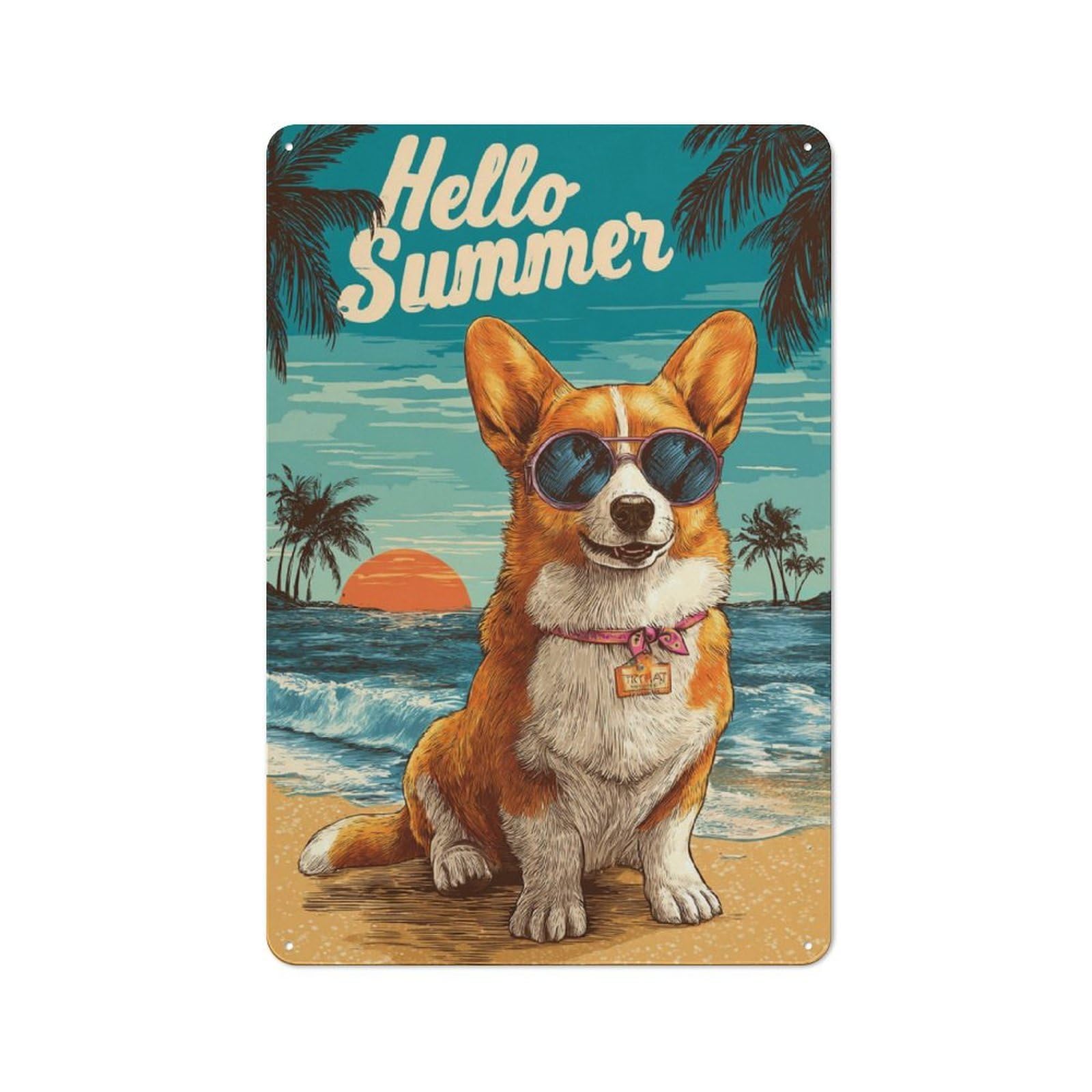 Junmoney Corgi Summer Printed Metal Sign 30X20cm For Pub Or Café, With Clear Industrial Wall Decor Character
