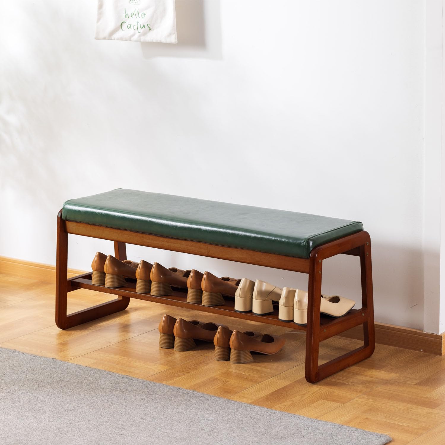 Solid Wood Shoe Bench, 2-Tier Wooden Entryway Bench, Modern Shoe Rack with Faux Leather Cushion for Hallway, Living Room (Green, 39.4'')