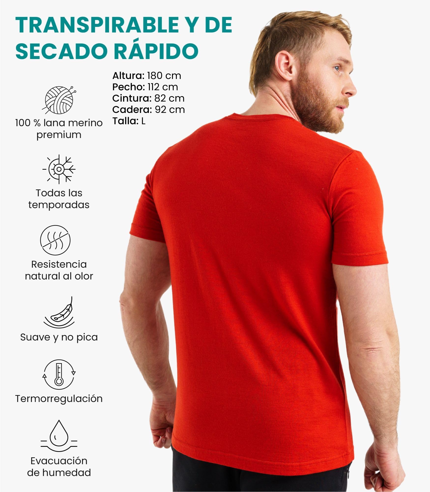 Merino.tech Camiseta Lana Merino Hombre - Camiseta Interior Hombre 100% de Lana Merino con Calcetines (Medium, Red)