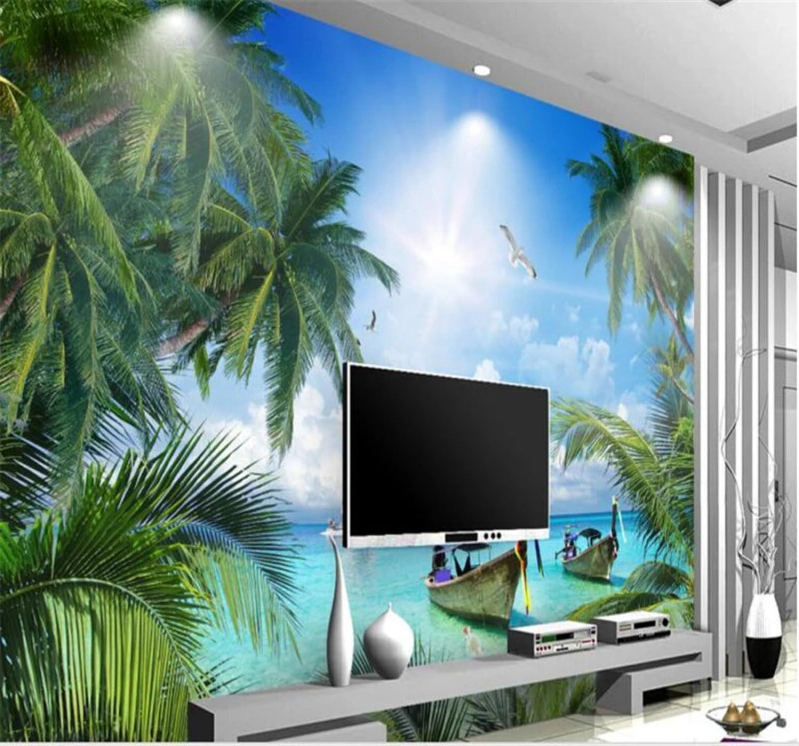 Wallpaper-3D-Xlm 350Cm×256Cm(B×H) Blue Sky White Clouds Coconut Trees Beach Seascape 3D Wallpaper Easy Install Feature Office Living Room Sofa Bedroom Tv Background Wall Decoration-350Cm×256Cm