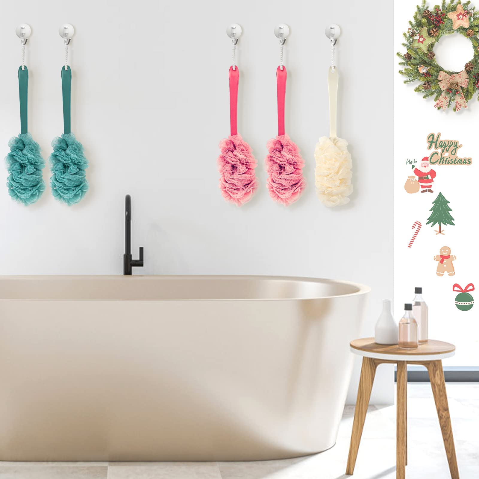 Qewro Loofah on a stick per doccia, 4 pezzi di scrubber posteriore per doccia, corpo esfoliante con manico lungo, spugna luffa da uomo accessori da bagno per donna
