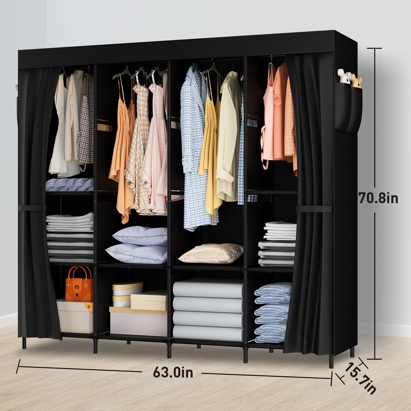 LOEFME Portable Closet with dimensions 63.0 inches length, 15.7 inches width, and 70.8 inches height labeled.