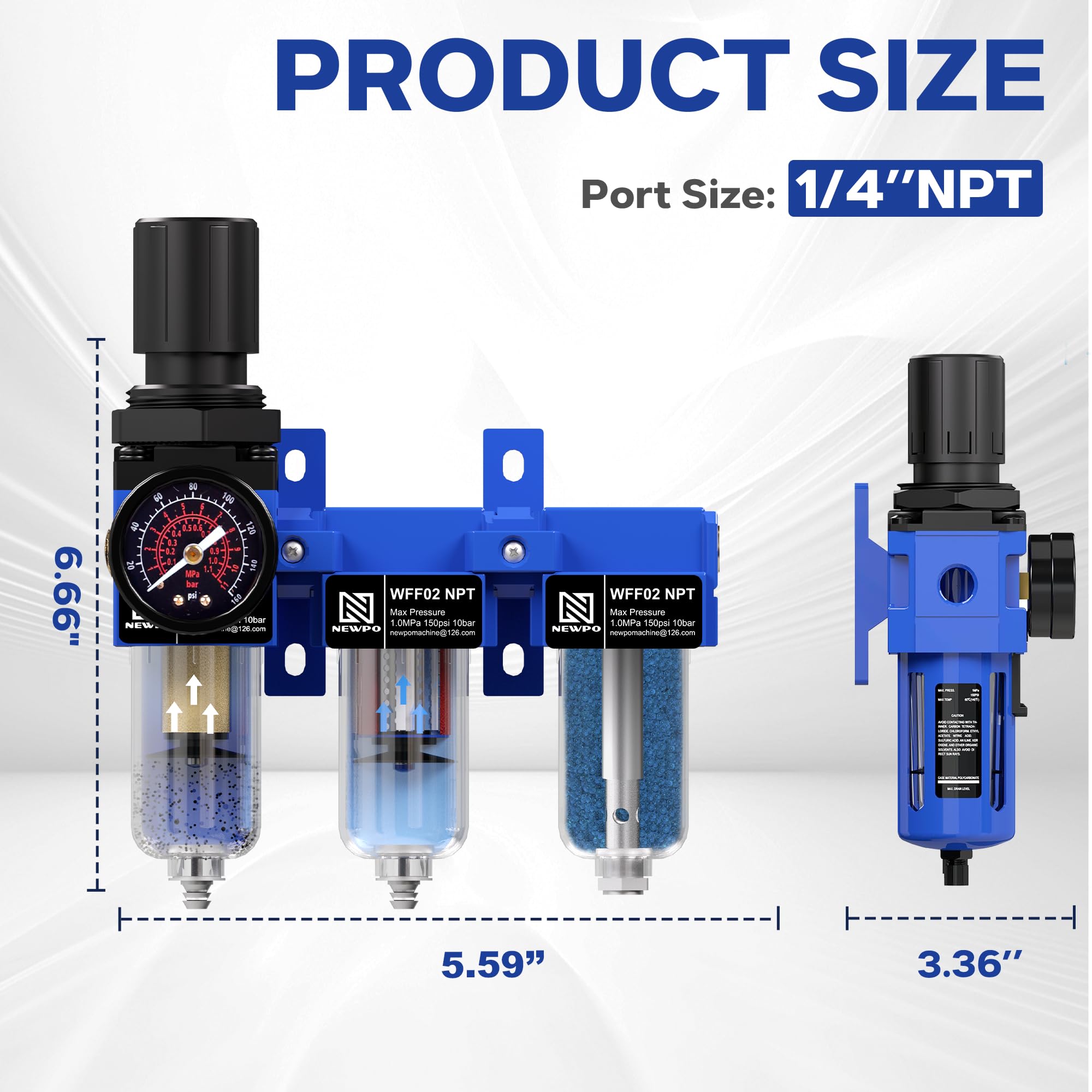 NEWPO Combo regulador de filtro de compresor de aire NPT de 3 etapas de 1/4 pulgadas, separador de agua del compresor de aire con secador desecante, filtro de latón y coalescente, drenaje