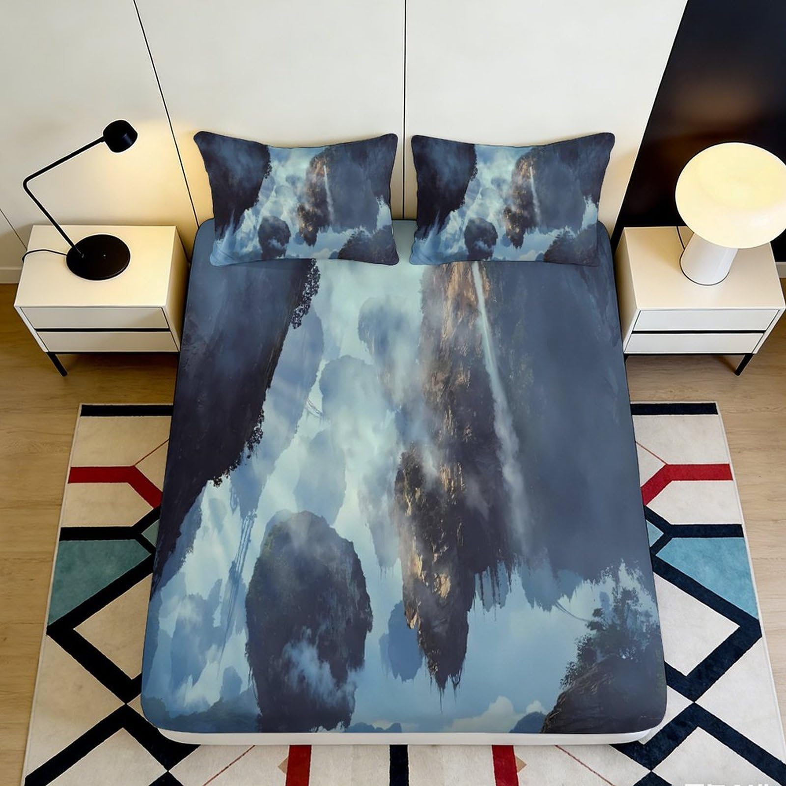 3D Printed Floating Islands Fitted Sheet Microfiber Soft Breathable Misty Sky Bed Cover for Bedroom Dormitory Guest Room Mattress Protection Decor 160x200x25cm