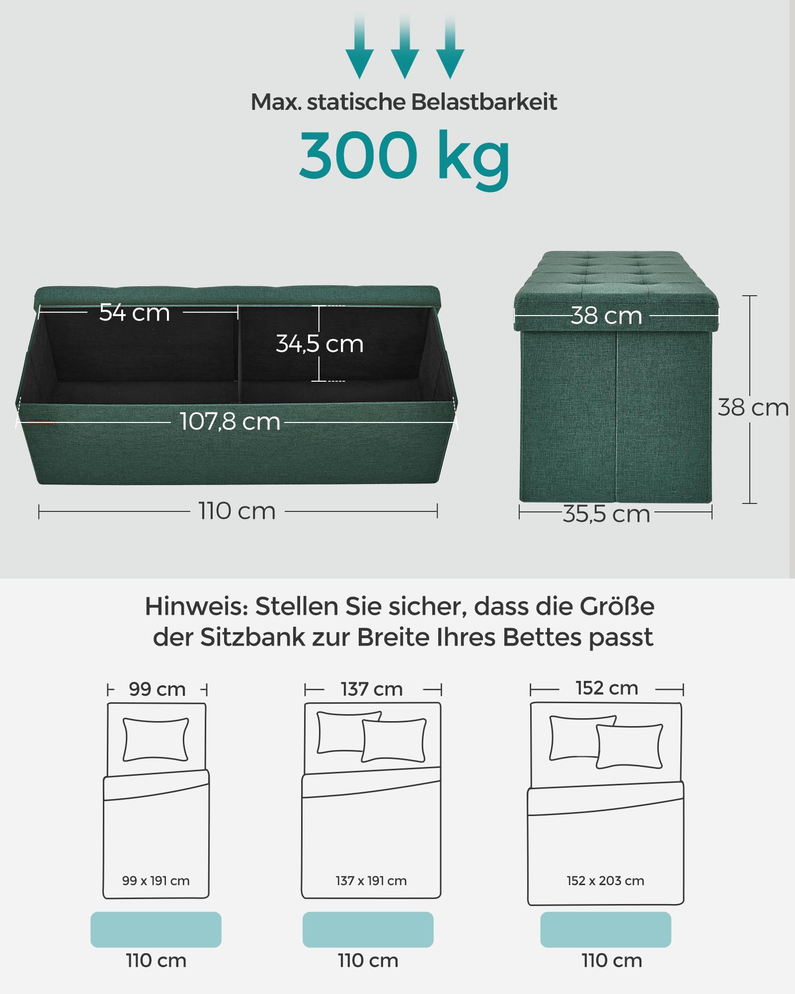 SONGMICS Sitzhocker mit Stauraum, klappbare Sitzbank, 38 x 110 x 38 cm Fußbank, Aufbewahrungsbox, bis 300 kg belastbar, für Wohnzimmer Schlafzimmer Flur, vintagegrün LSF077C01