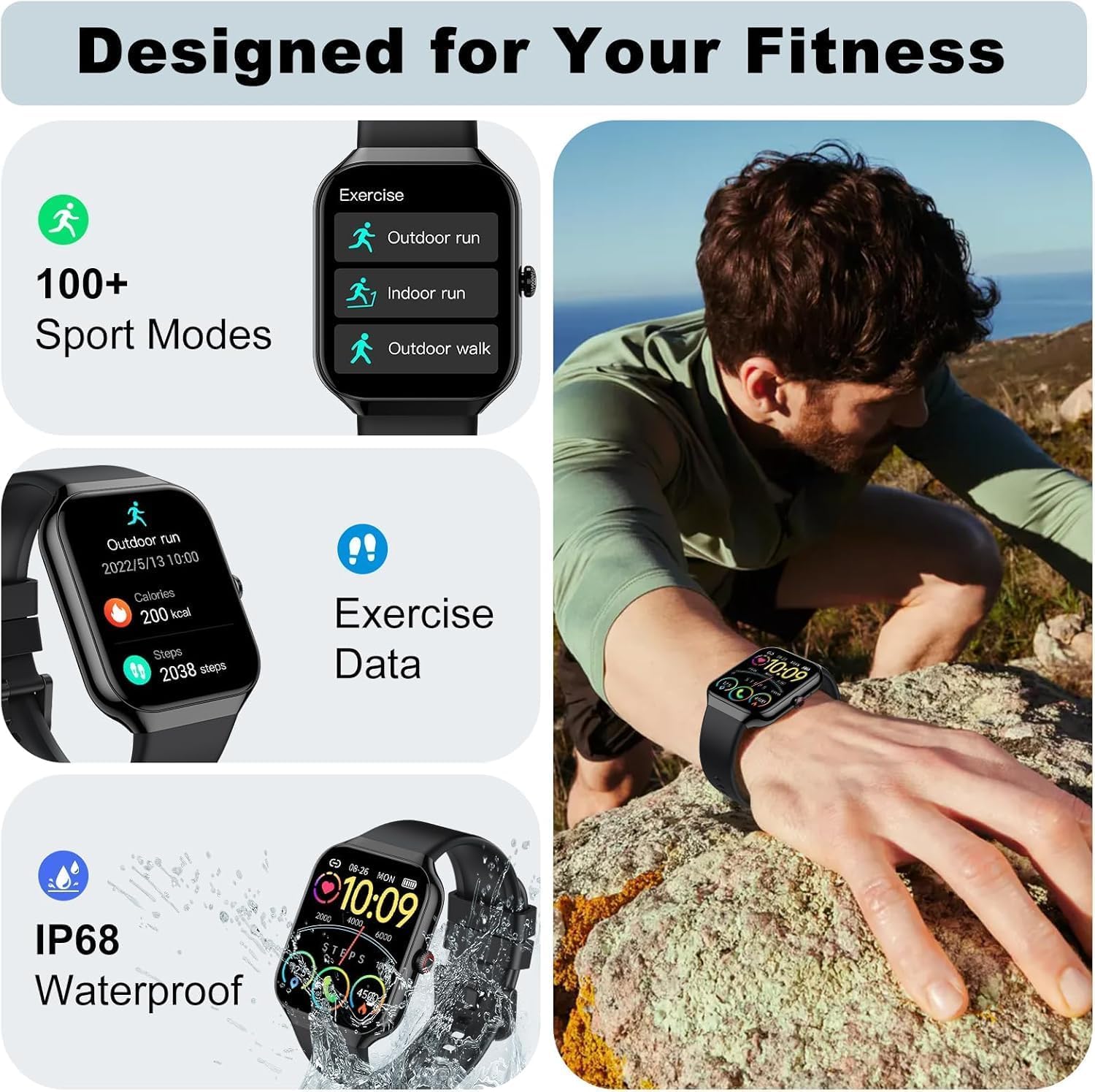 Montre Connectée Homme Femme,1.96" HD Bracelet Connecté avec Appel Bluetooth,Smart Watch Fitnessuhr 100+ Sportifs,Etanche IP68 Montre,Moniteur Sommeil Fréquence Cardiaque Podomètre, pour Android iOS