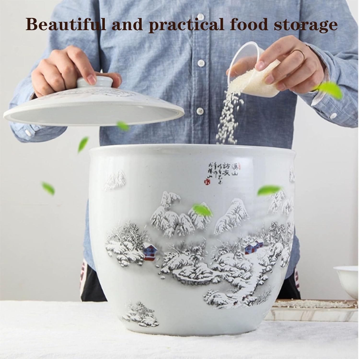 ELEFOCUS Ceramic Rice Jar with Lid, Household Rice Bucket, Grain Dispenser Food Storage Jar, Ceramic Storage Container(H,15KG)