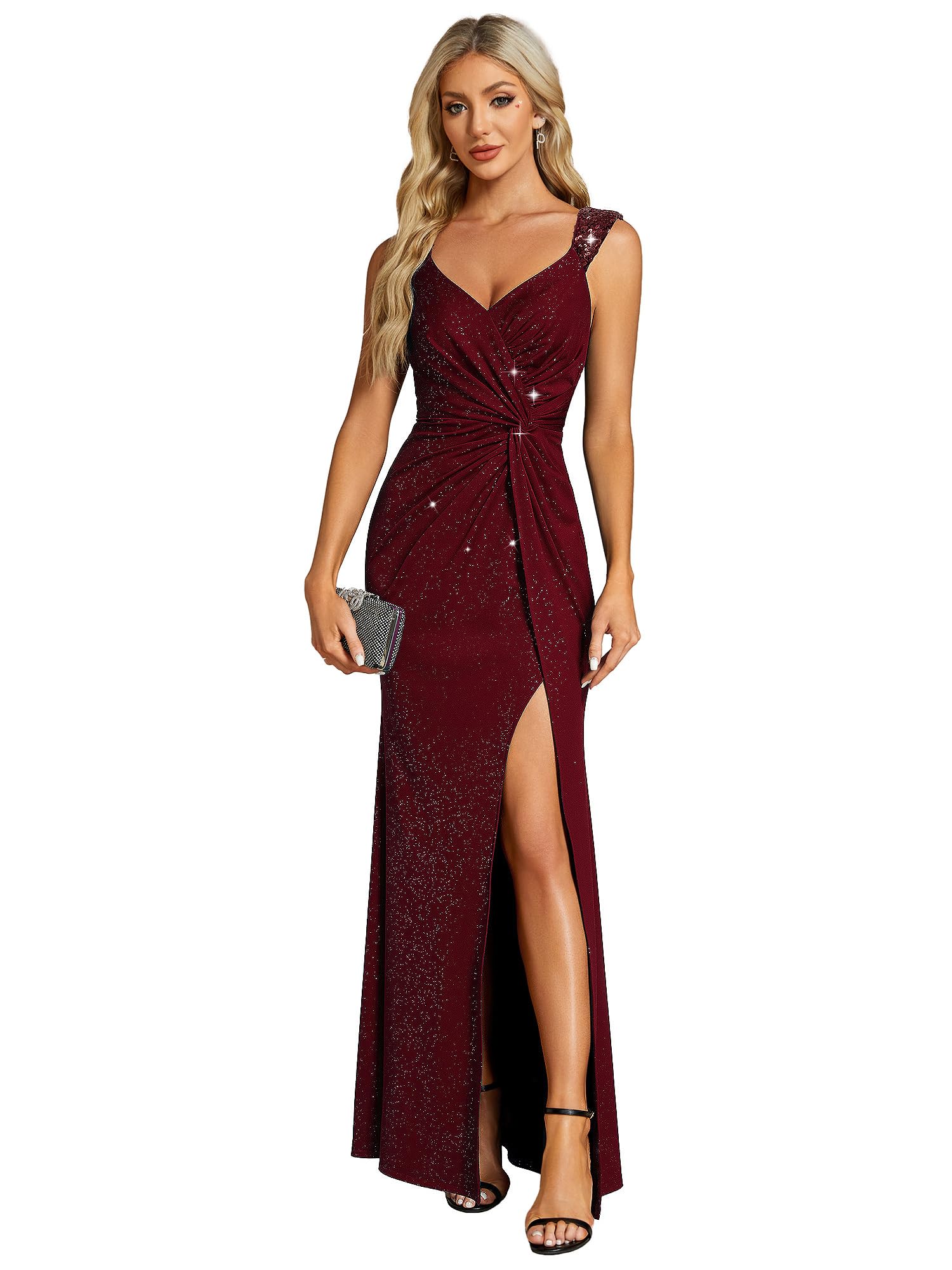 Ever-Pretty Robe de Soirée Femme Longue Moulante Fendu Col V Plis Bandoulière à Sequins Haute Élasticité EE01888
