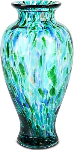 Jarrón de cristal turquesa de 11.8 pulgadas de alto, hermoso jarrón de vidrio soplado a mano, arte moderno, decoración del hogar, jarrones coloridos
