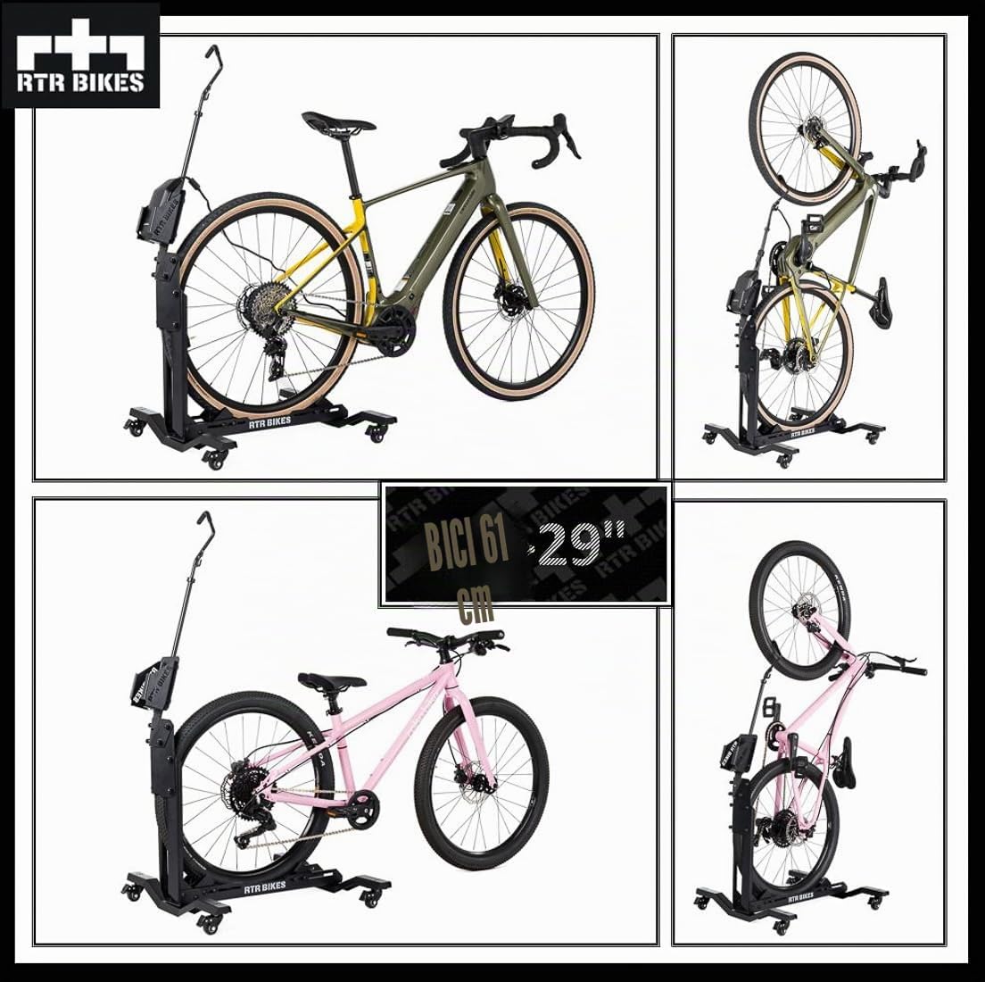 RTR BIKES Brutus Up Pro Soporte Bicicleta Móvil con Ruedas – Estación de Carga E-Bike con Porta Cargador – Rack Vertical hasta 30kg – Neumáticos 3,5" – Hecho en UE