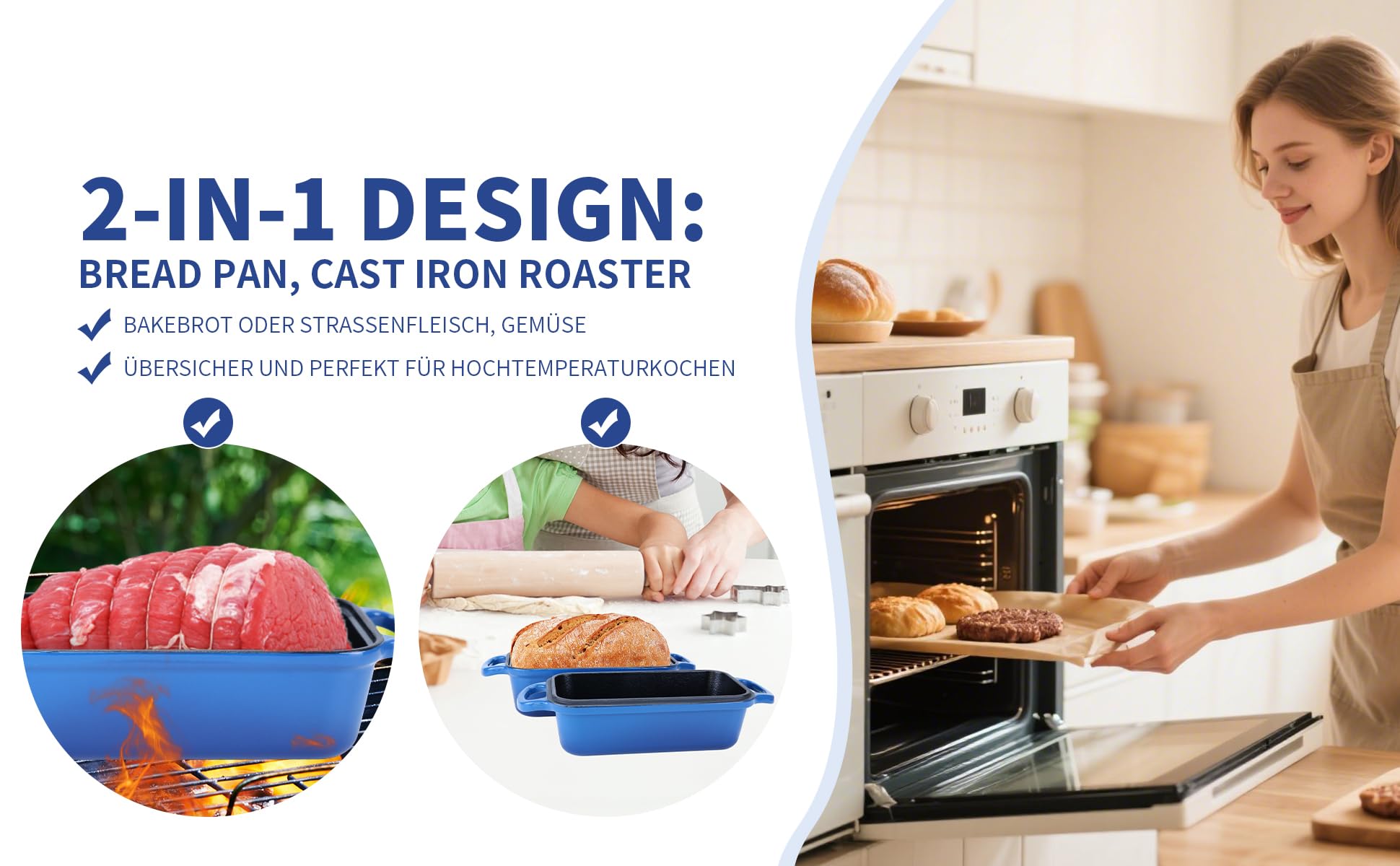 An & Guo Gusseisen Brotbackform mit Deckel, 22,96 × 12,78 cm, schwerlastig & langlebig, für selbstgebackenes Brot, backofengeeignet – 2er Set - Kastenform für Sauerteigbrot (MeeresBlau)