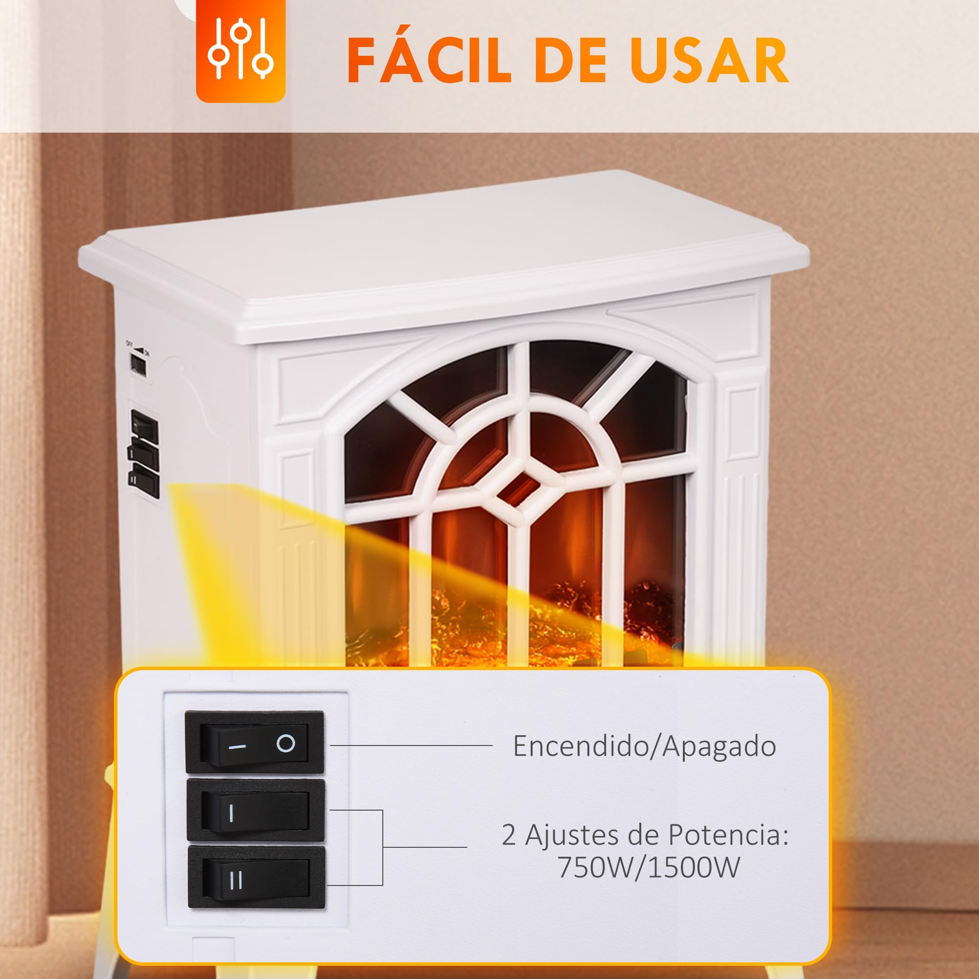 HOMCOM Chimenea Eléctrica 2000 W Decorativa de Pie con LED Llamas Temperatura Ajustable 36,5x24x46 cm Blanco