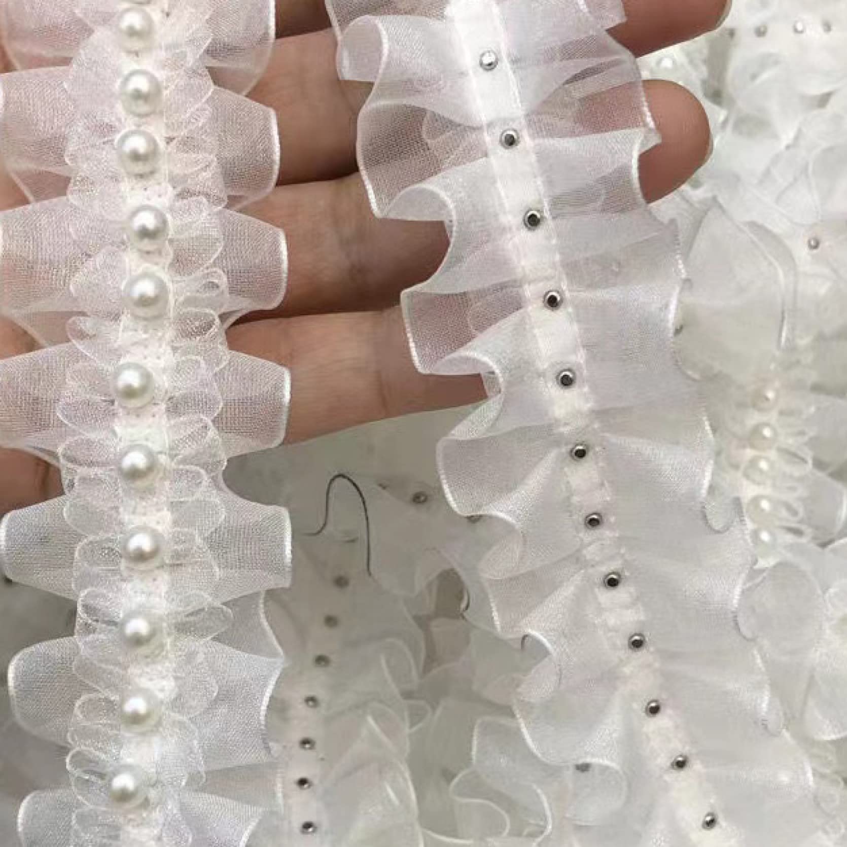 Ribete de encaje, ribete de encaje de tul blanco bordado con patrón floral, apliques de volantes de costura para collares y decoración de vestidos (3 yardas)