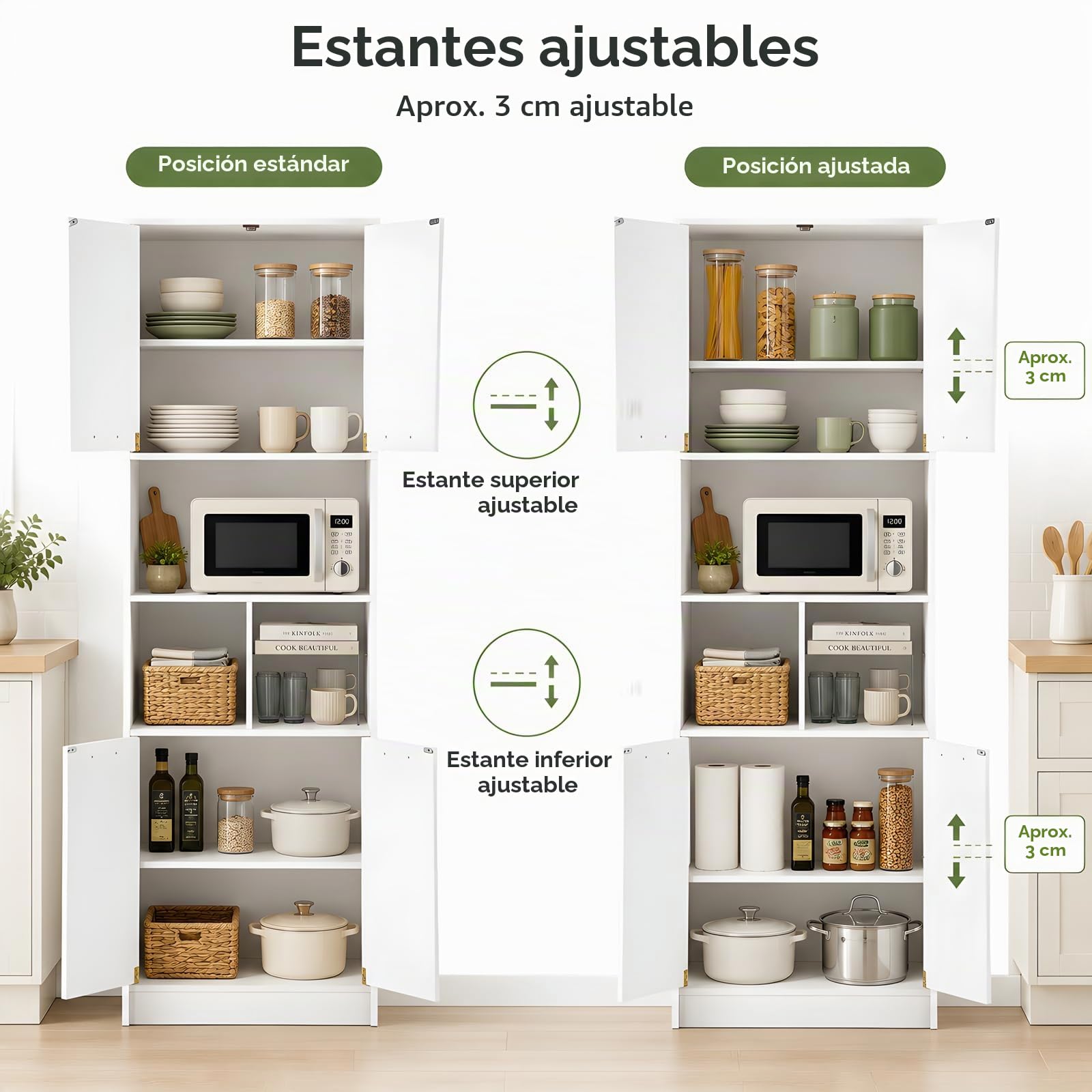 Armario Multiusos Blanco con 4 Puertas, Mueble Auxiliar de Cocina y Armario Despensa, Armario Oficina con Estantería, Armario 60 cm Ancho y 40 cm Profundidad