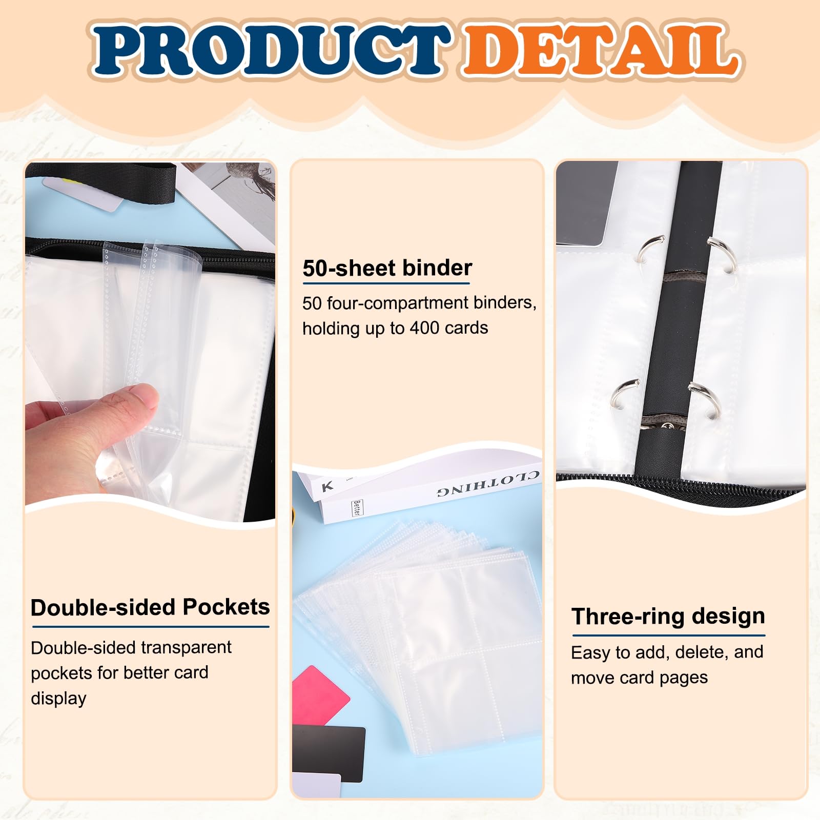 uxcell Raccoglitore per carte collezionabili a 4 tasche, contiene 400 caricatori superiori, copertina in poliuretano leggero con cerniera, raccoglitore per carte rigide da 6,6 x 7,6 cm, per carte da
