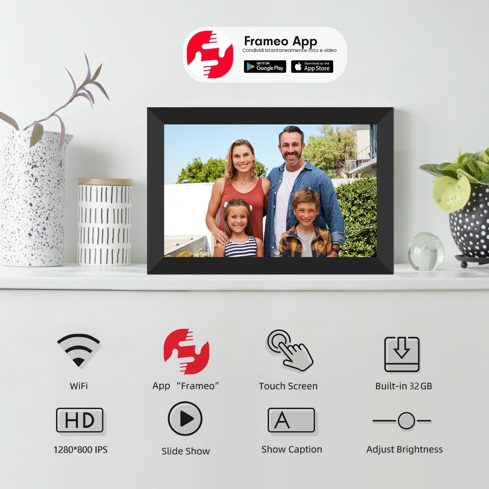 Cornice Digitale Frameo WiFi 32 GB 10,1 Pollici Cornice Digitale Foto 1280 x 800 IPS Touch Screen LCD Cornice Per Foto Con Rotazione Automatica Momenti Istantaneamente Condivisi Tramite l'app Frameo