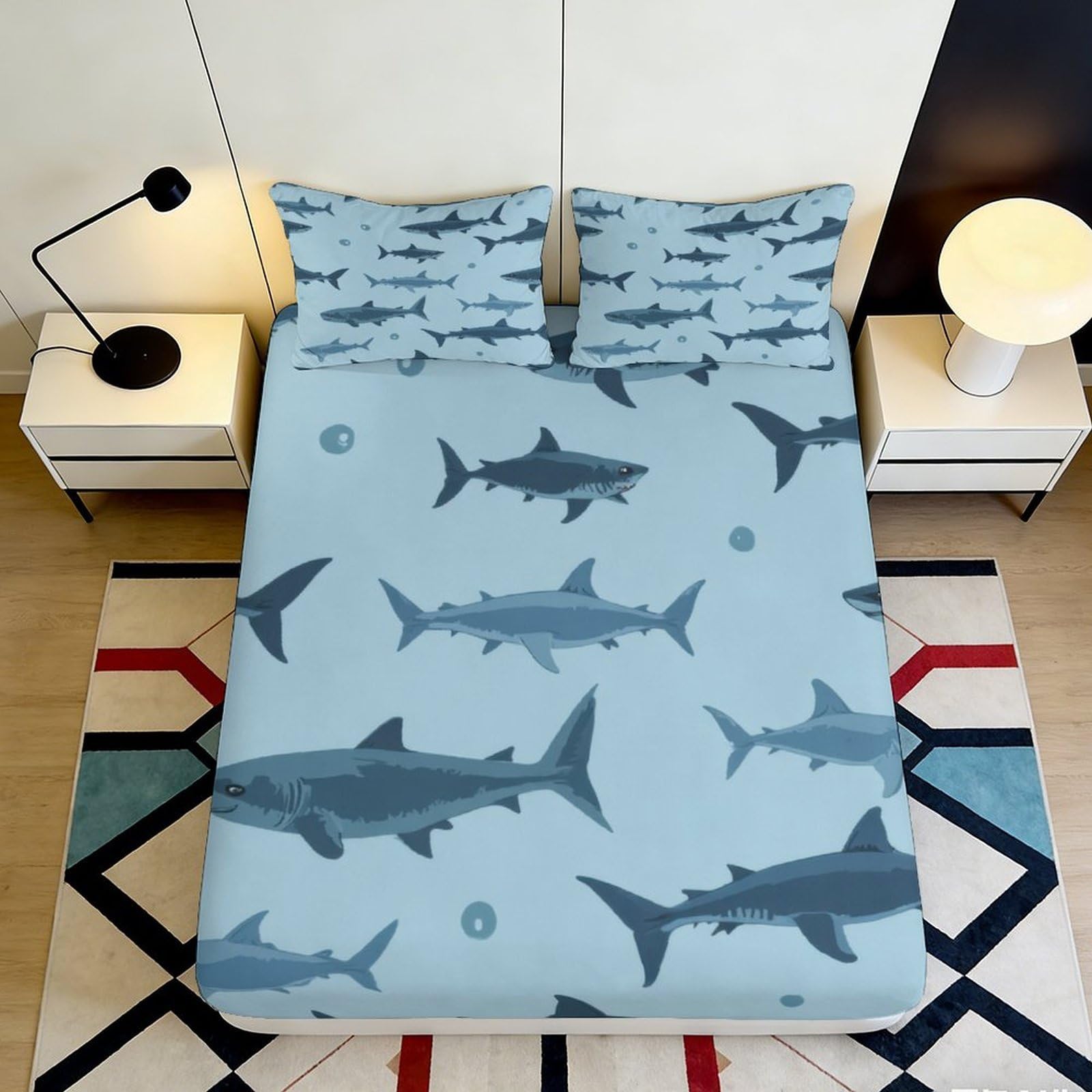 3D Printed Shark Ocean Fitted Sheet Microfiber Soft Blue Sea Predator Bed Cover for Bedroom Guest Room Decor Mattress Protection 90x200x25cm