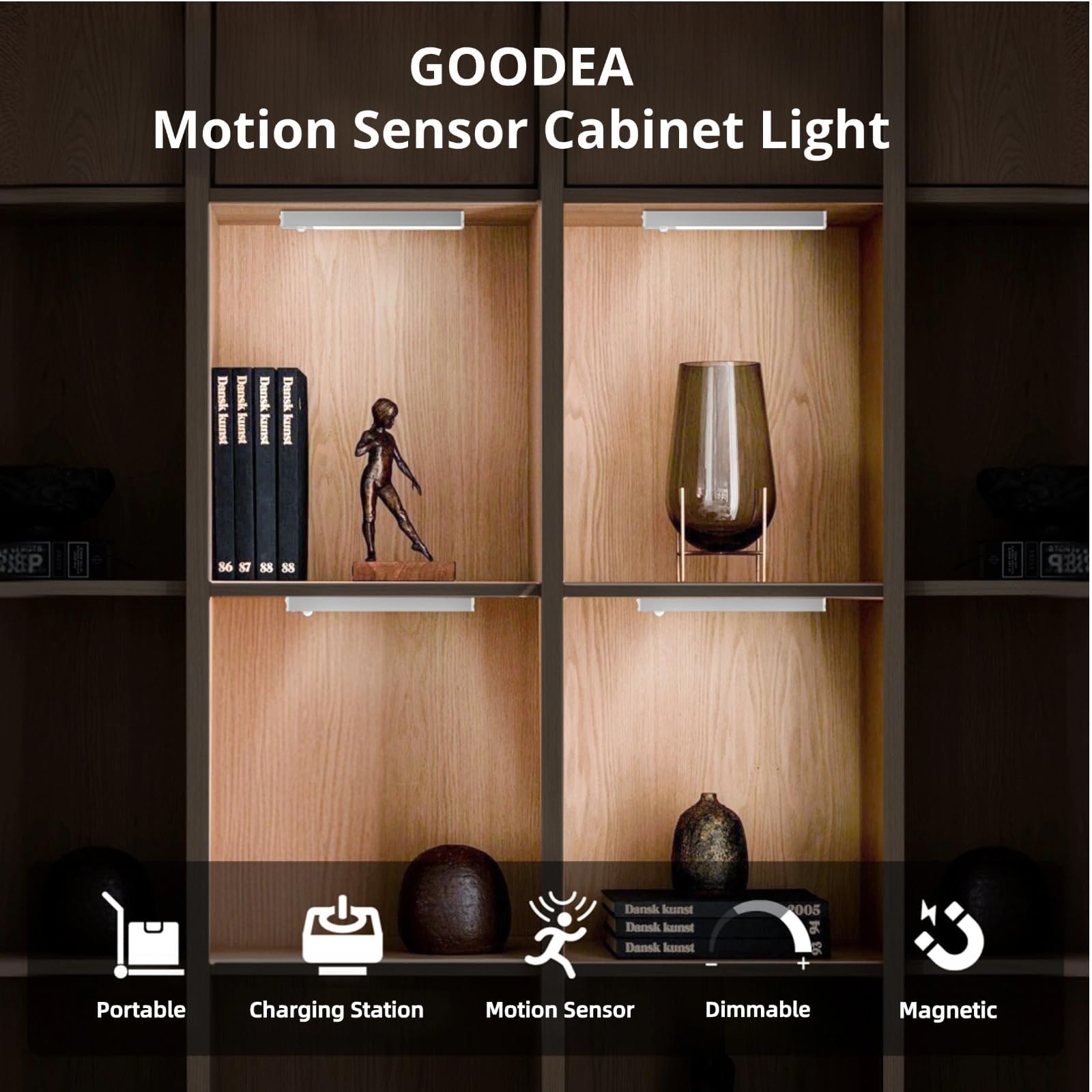 GOODEA Bezprzewodowa lampa LED do szafy 18 cm ze stacją ładującą, 6 sztuk, lampa LED, czujnik ruchu, do szafy na pranie, regał na książki, schody, korytarz