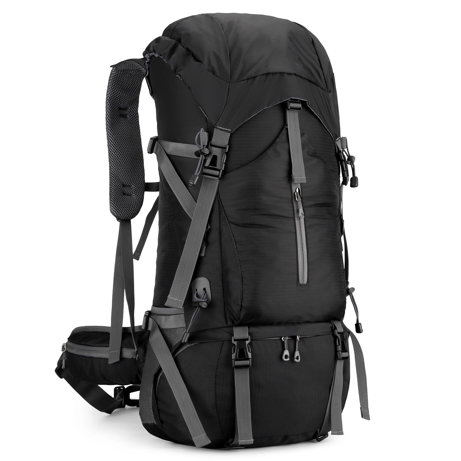 VINGVO 65 + 5 l de gran volumen con funda para la lluvia, parte trasera transpirable, impermeable, para senderismo, camping, montañismo, color negro
