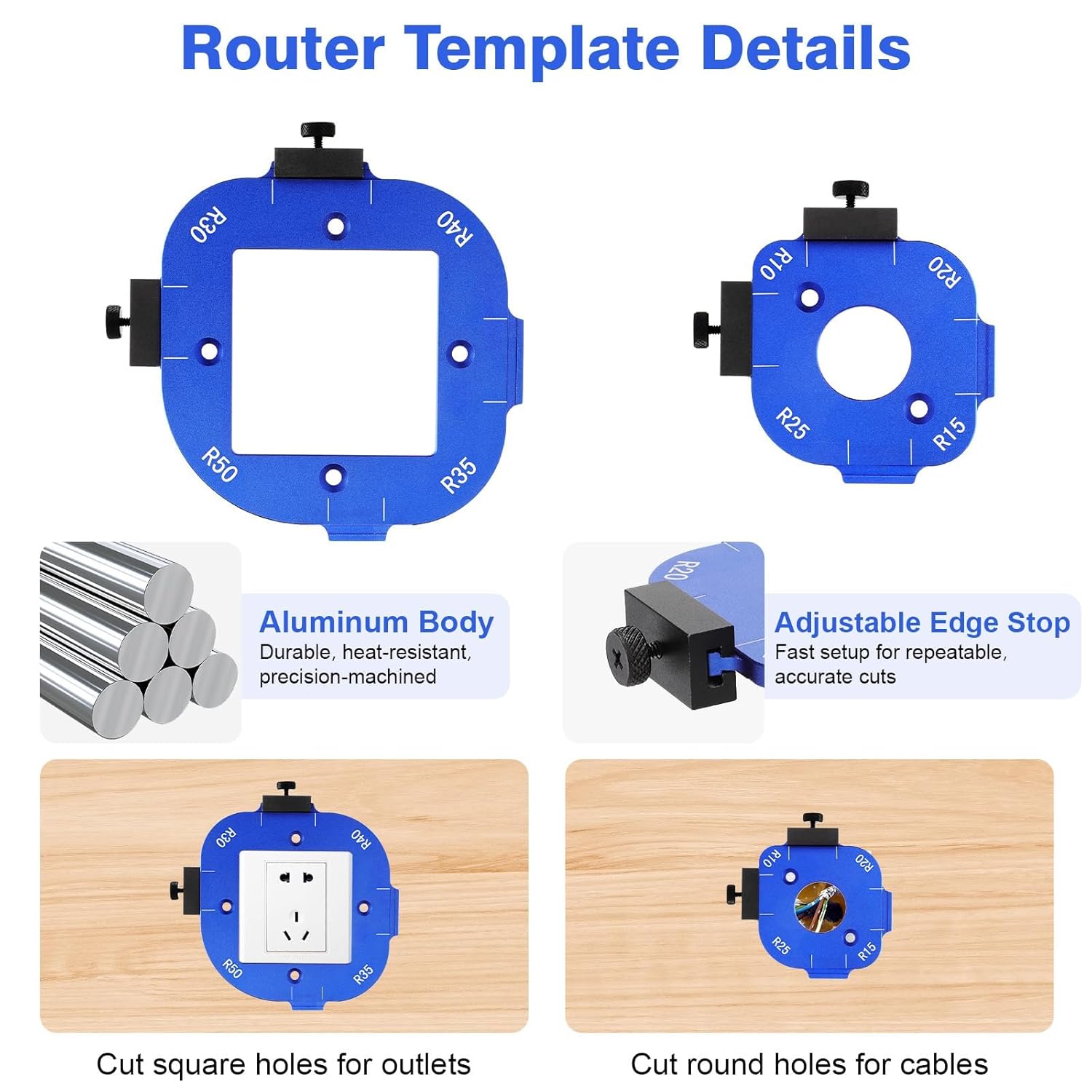SUNJOYCO 2 PCS Router Corner Radius Templates, Aluminum Alloy Radius Jig Router Templates for Woodworking, Corner Jigs Template for Routers, R10, R15, R20, R25, R30, R35, R40, R50