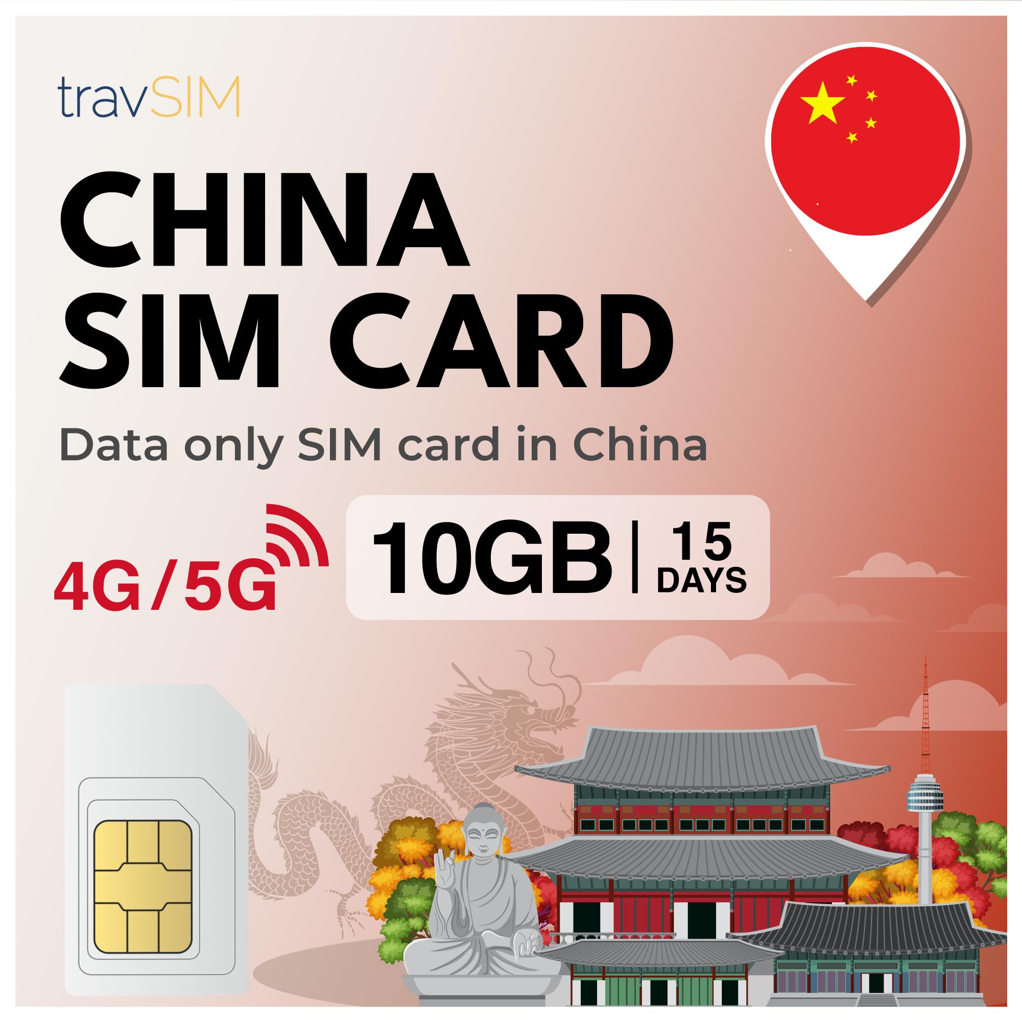 travSIM China Mobile SIM Card | 15 Giorni - 10 GB a velocità 5G/4G | Travel SIM Cina per rimanere connessi | Assistenza 24 ore su 24, 7 giorni su 7