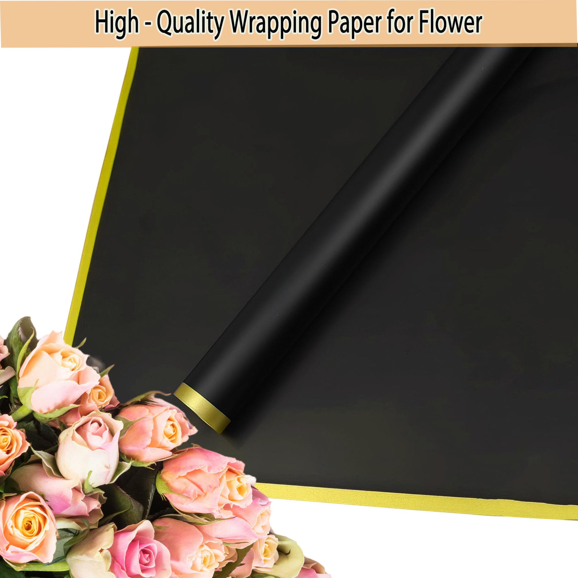 DMIMIA Papel Coreano para Flores Impermeable, 20 Hojas 56x56 cm, Papel para Envolver Ramos de Boda y Regalo Floral(Negro, Borde Dorado)