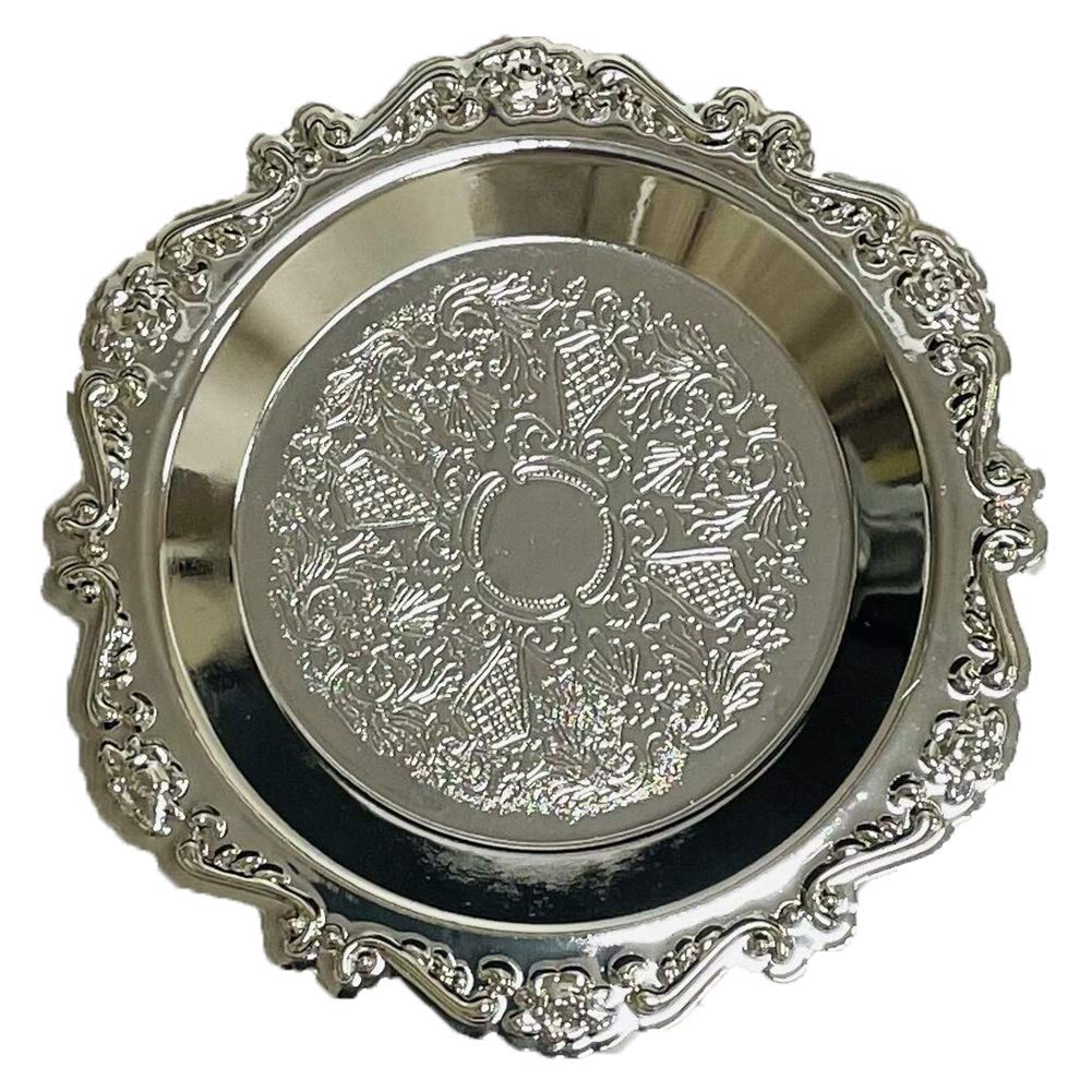 Gisela D Silver Gisela Vintage Carved Stainless Steel Jewelry Tray Trinkets Dish Organizer Jewellery Ring Holder Cosmetics Fruit Plate (, Round)