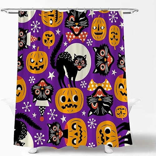 Miniatura 4 de Cortina de ducha de Halloween, espeluznante gato negro, terror, calabaza naranja, bruja aterradora, gatos de luna llena, divertida cortina de baño