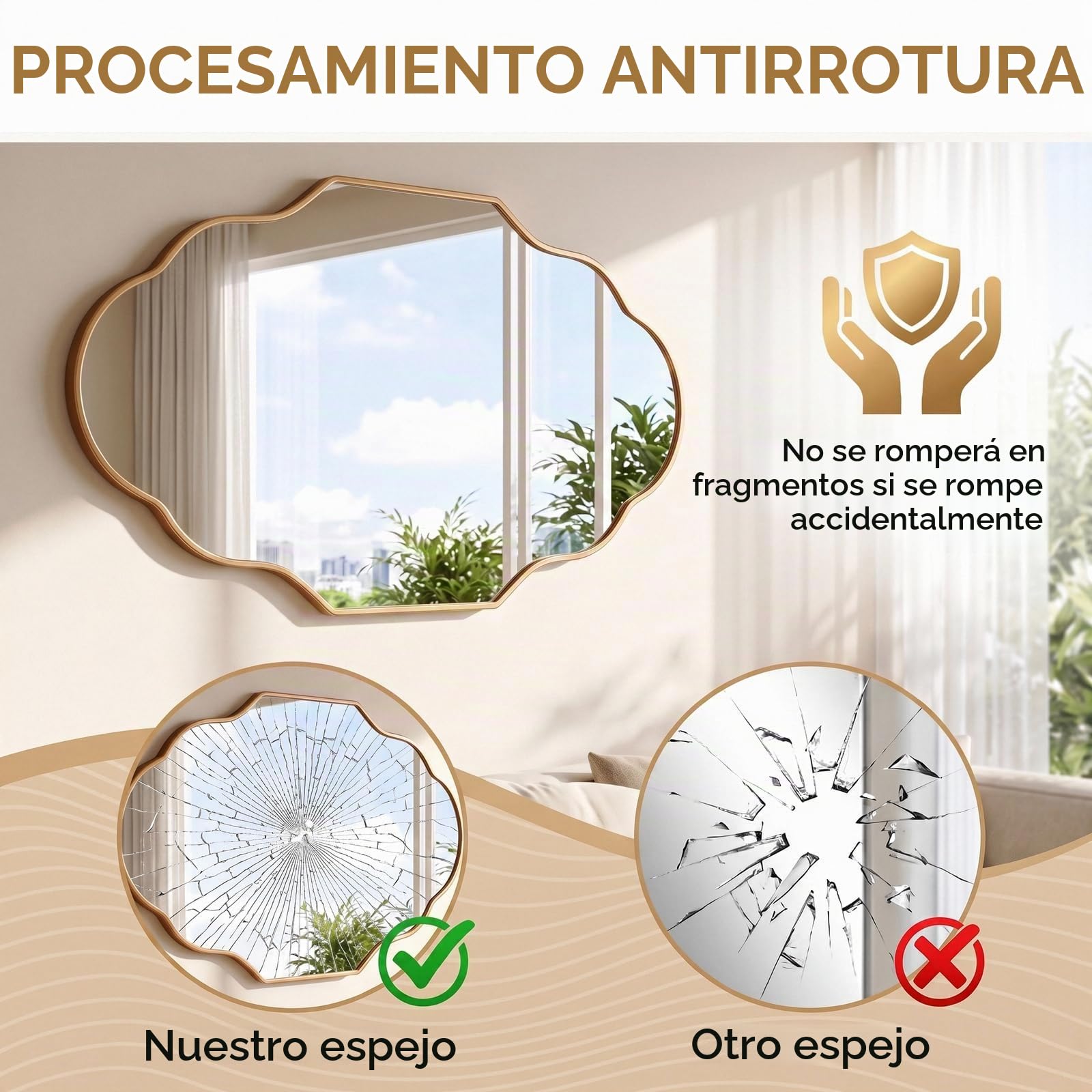 Clevich Espejo de Pared Irregular con Aluminio - diseño de farolillo Delgado y Moderno - Espejos Decorativos de Pared Elegante y Moderno - para Sala de Estar, baño, Dormitorio (Dorado, 66x116cm)