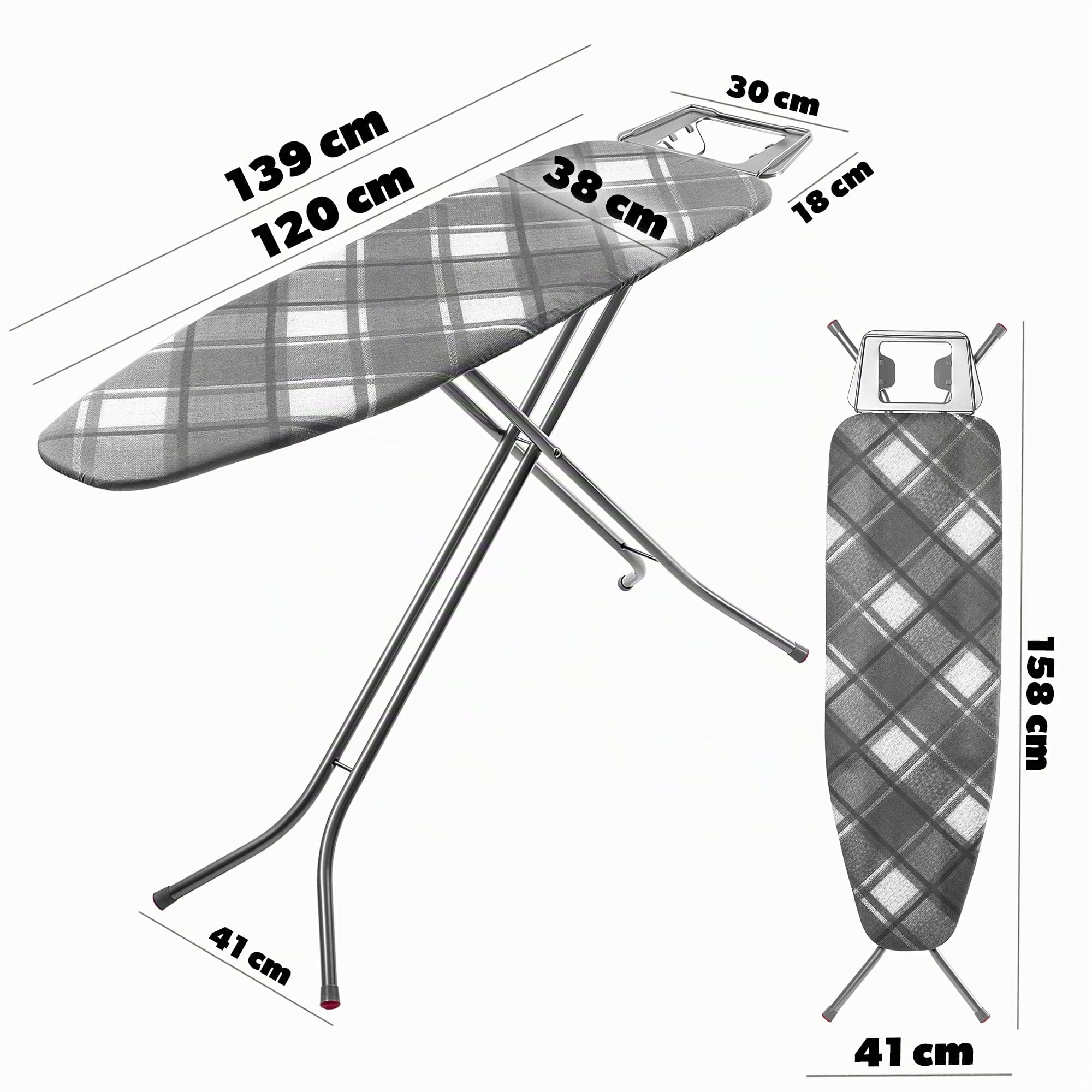 KADAX großes Bügelbrett 120x38cm - Stabiler Bügeltisch für Dampfbügelstation, klappbar, höhenverstellbar, mit Metallgitter, mit hitzebeständiger Bügeleisenablage