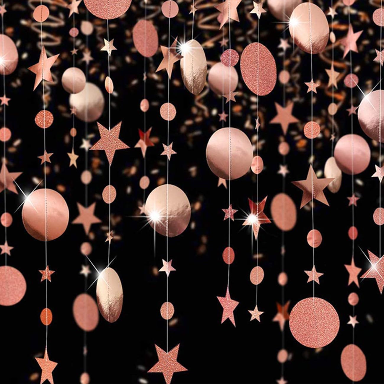 Rose Gold Hanging Paper Garland,Glitter Circle Star Paper Decoration for Party(52 Ft/4 Pack)