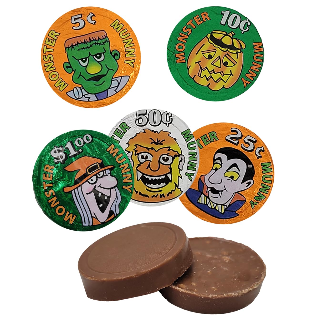 Fruidles Halloween Monster Money Coins Munny, Trick-Or-Treat Party Bag Fillers, Individually Wrapped in Orange, Green, Silver Coin Design Foils, Kosher Certified Dairy (5 Pounds)