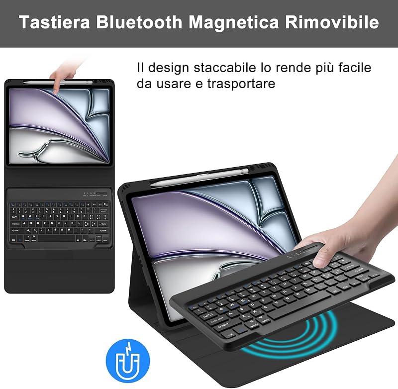 SENGBIRCH iPad Air 13" (M2, 2024) Bluetooth Billentyűzetes Tok - Levehető Mágneses Billentyűzet, Ütésálló PU Bőr Védőtok, Fekete