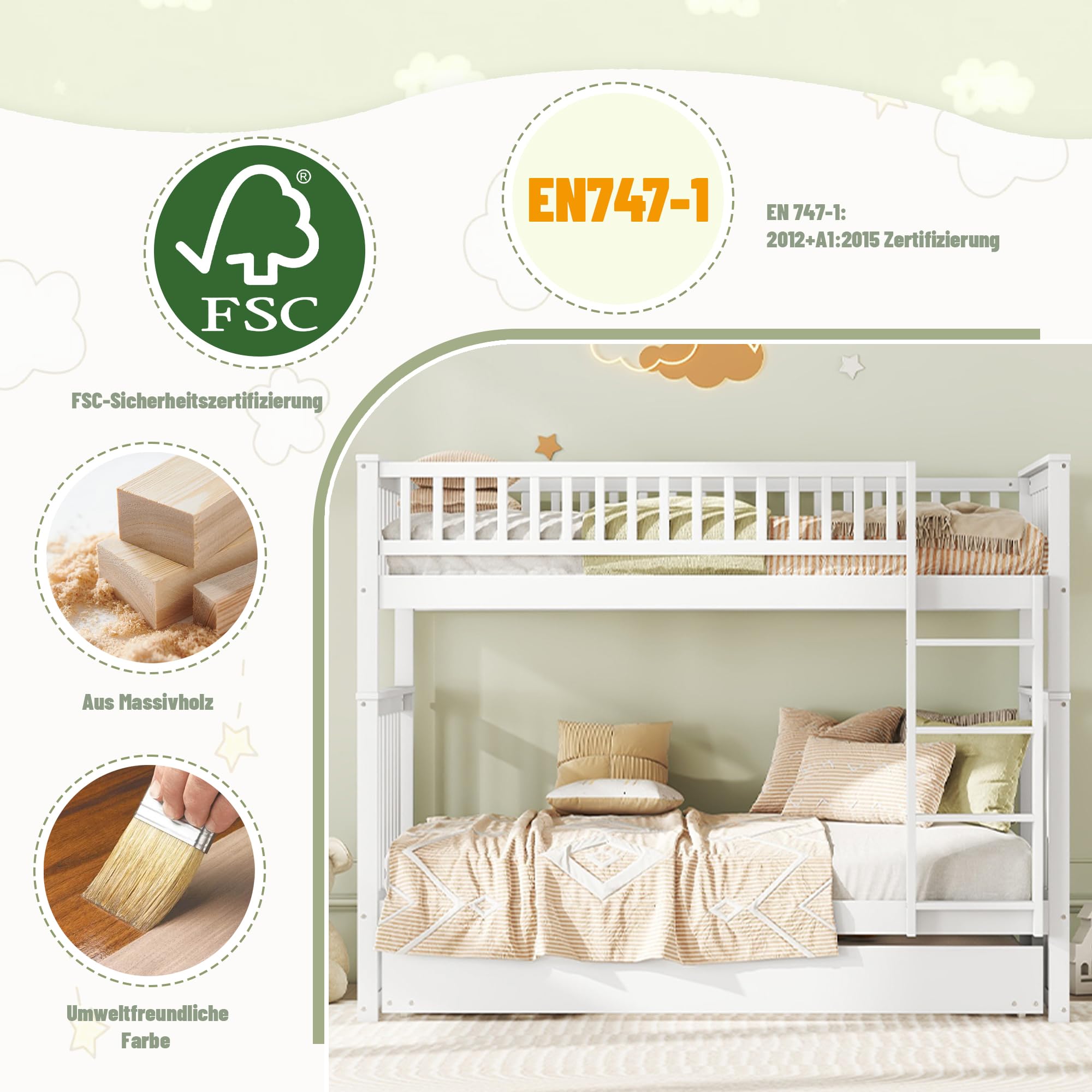 90 x 200 cm Litera, cama triple, cama infantil de madera con cama nido de 90 x 190 cm, barandilla alta, escalera estable, con somier (blanco), WX000811