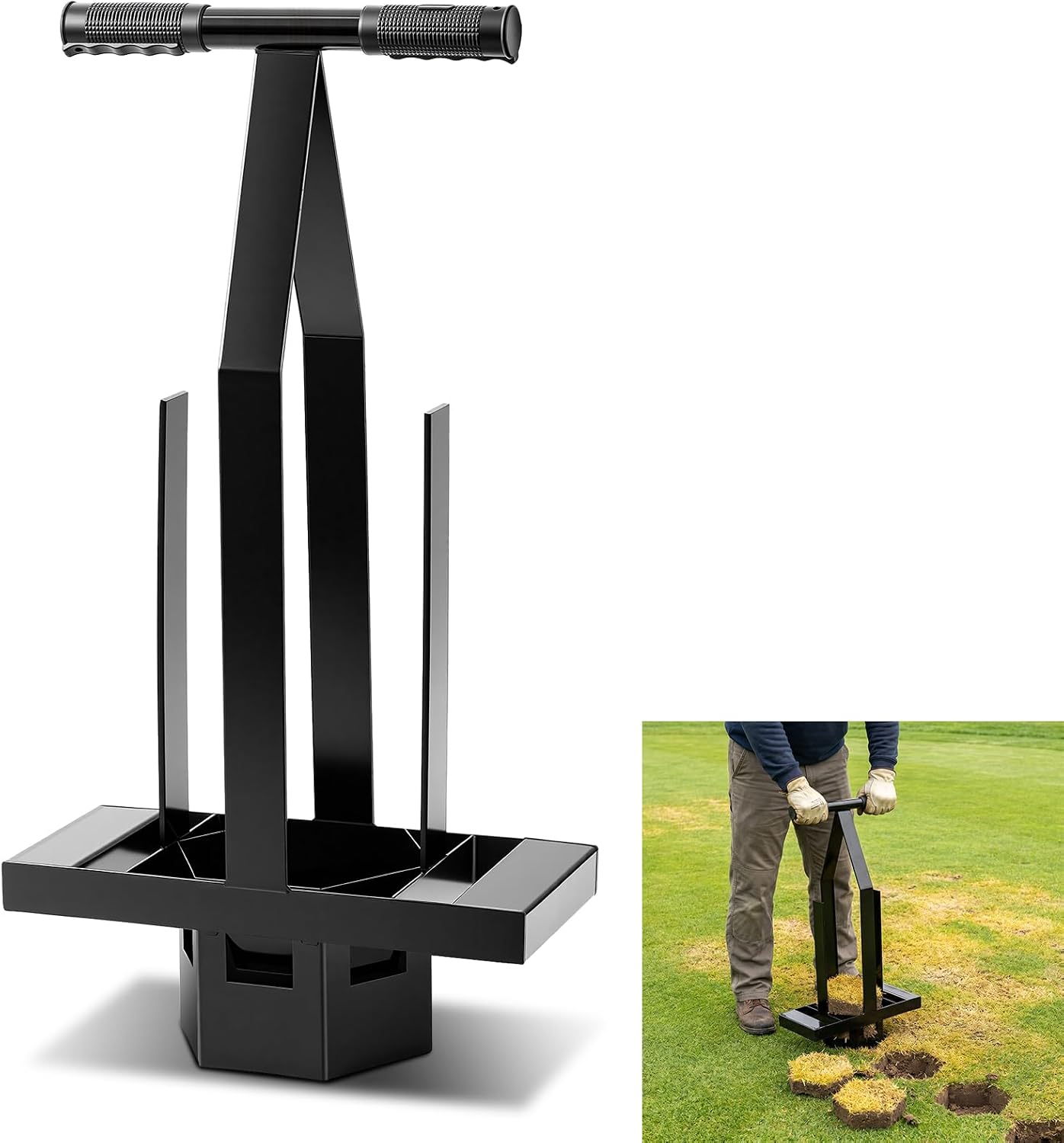 Lounsweer Golf Hexagon Turf Repair Tool, Heavy-Duty Sod Cutter Grass Plugger for Quick Turf Repairs, Dual Handle Golf Course Grass Maintenance Tool for Athletic Field and Professional Groundskeeping