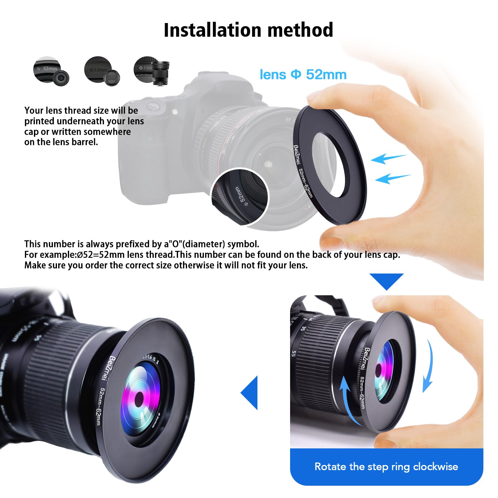 Filtre Adaptateur de 52mm à 62mm Compatible avec tous les objectifs 52mm à 62mm UV, ND, CPL, filtre, 52mm lentille à 62mm appareil photo Filtre (52-62mm) - 3