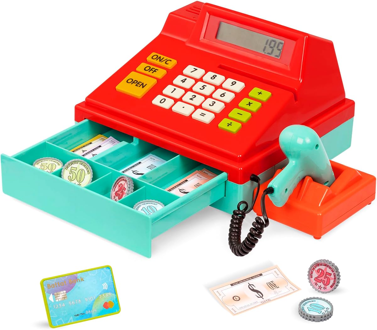 Cash Register with Scanner | Calculating cash register with 1 scanner, 6 coins, 40 paper bills, 1 credit card, and a functional calculator, 3+ Years