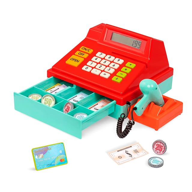 Battat - Caja registradora de Juguete roja con calculadora y escáner
