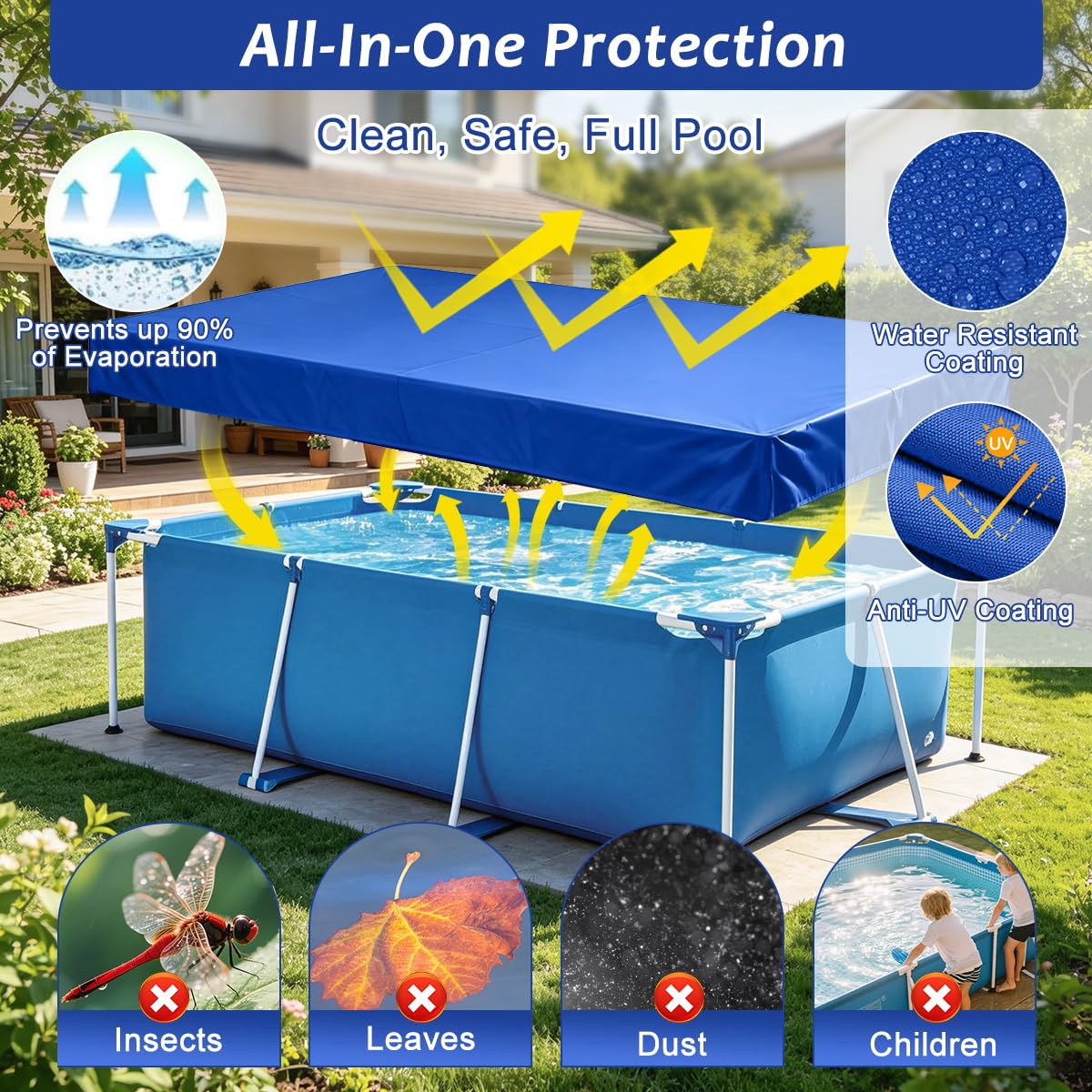 Bache Piscine Rectangulaire, 300x205 cm Couverture de Piscine avec Cordon de Serrage, Bâche Protection pour Piscines, Protection UV, Imperméable, Durable, Protections Idéale pour Cadre Piscines