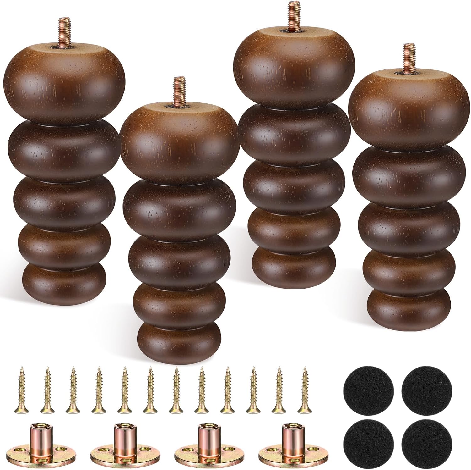 6 Inch Wooden Furniture Legs Set of 4 Bun Feet Dresser Legs Couch Sofa Cabinet Ottoman DIY Furniture Replacement for Cabinet Chair Bed TV Stand Loveseat Mid Century Decor (Walnut)