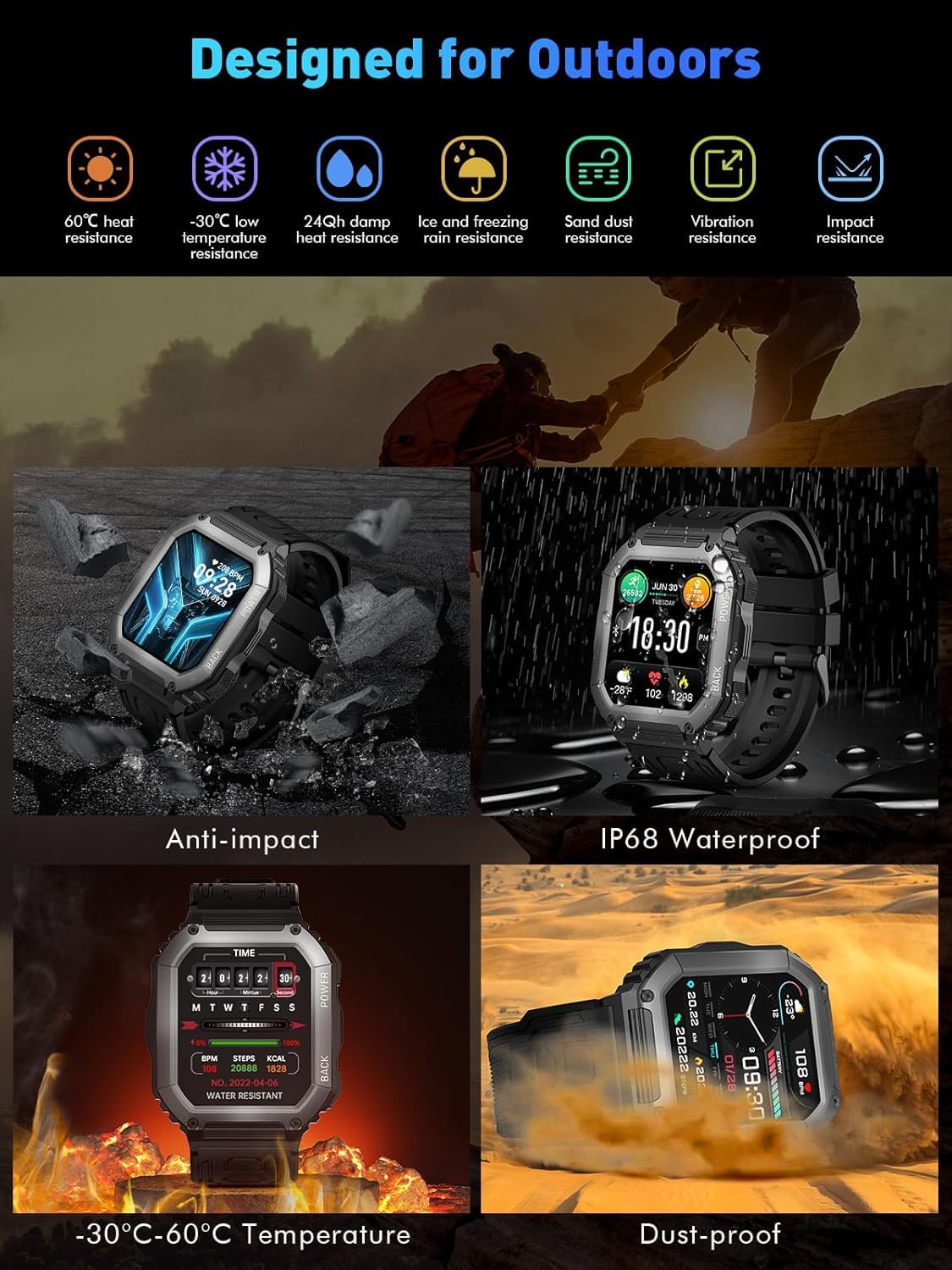 Smartwatch męski, ekran dotykowy o przekątnej 1,8", z funkcją telefonu, 100 + trybów sportowych, wodoszczelność IP68, zegarek sportowy, zegarek fitness z monitorem tętna, snu, krokomierzem