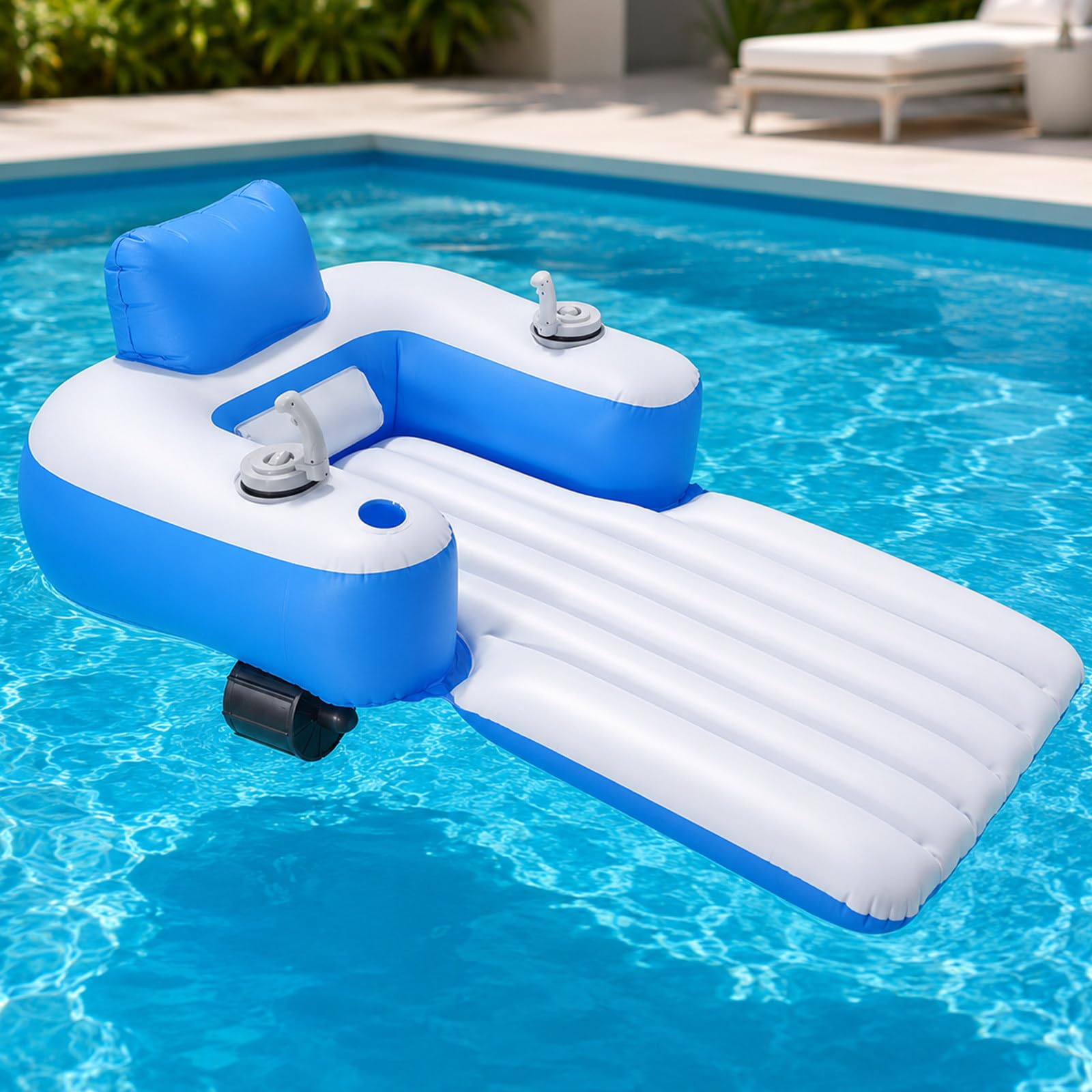 pealiritansemen Motorized Pool Float for Adults, Electric Pool Lounger with Single or Dual Thrusters, Joystick Steering, Backrest, Cup Holder, 265 lb Capacity for Pool and Calm Lake B