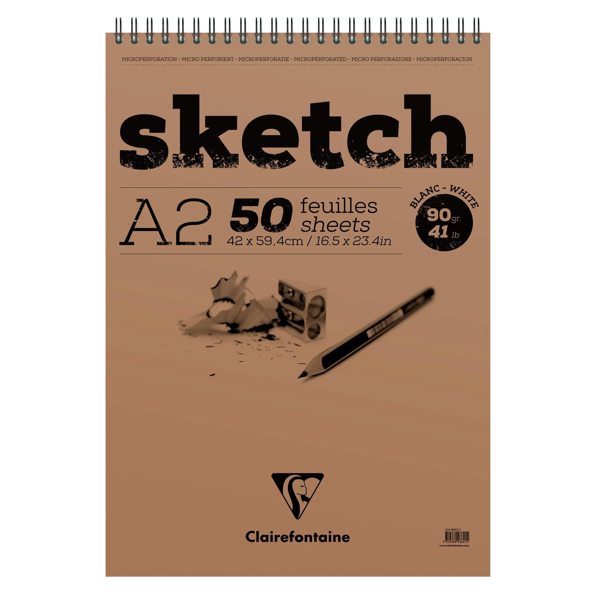Clairefontaine 96601C Skizzenblock mit Doppelspirale Sketch-Papier, Din A2, 42 x 59 cm, 50 Blatt, 90 g Packung, weiß