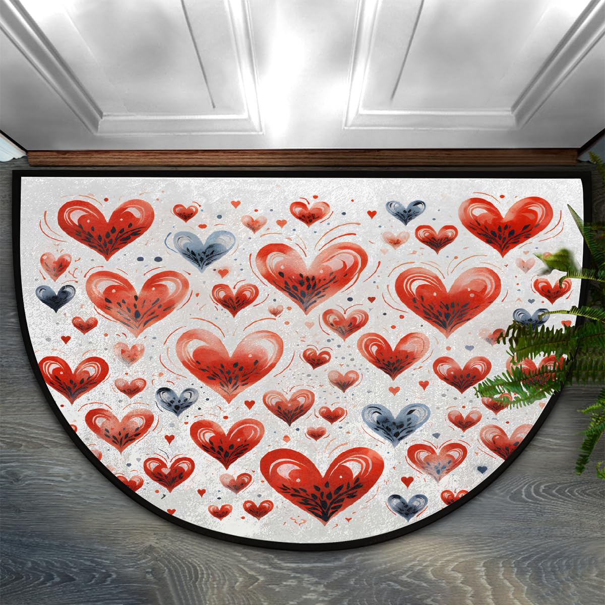 Paillasson demi-rond antidérapant 58x91 cm avec motif cœur rouge et fleur noire pour la cuisine