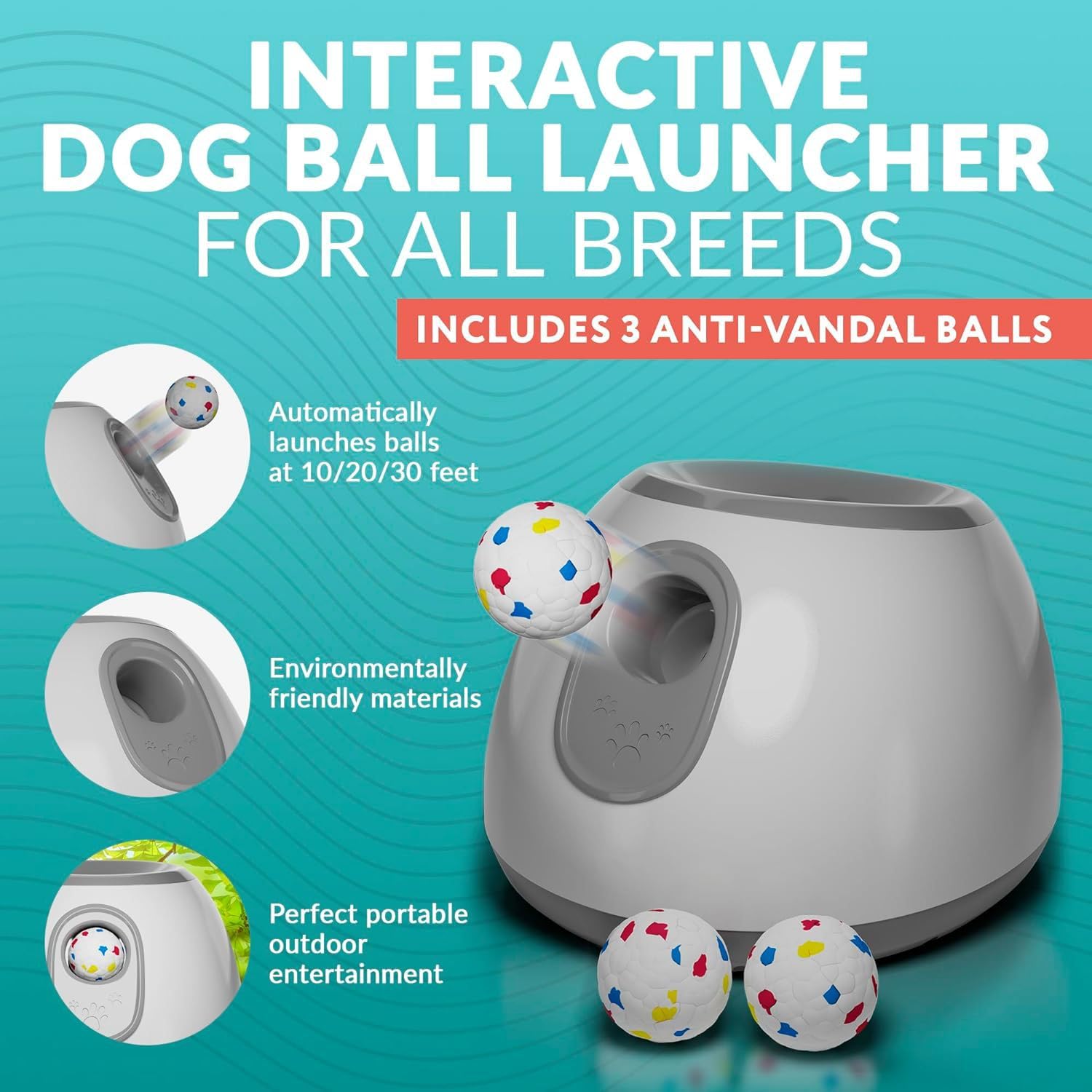 Lanceur de balles automatique pour chien – Petite machine de lancer de balles automatique interactive amusante pour chien avec 3 balles en latex durable, distance de tir réglable de 3 à 9 m, adaptée